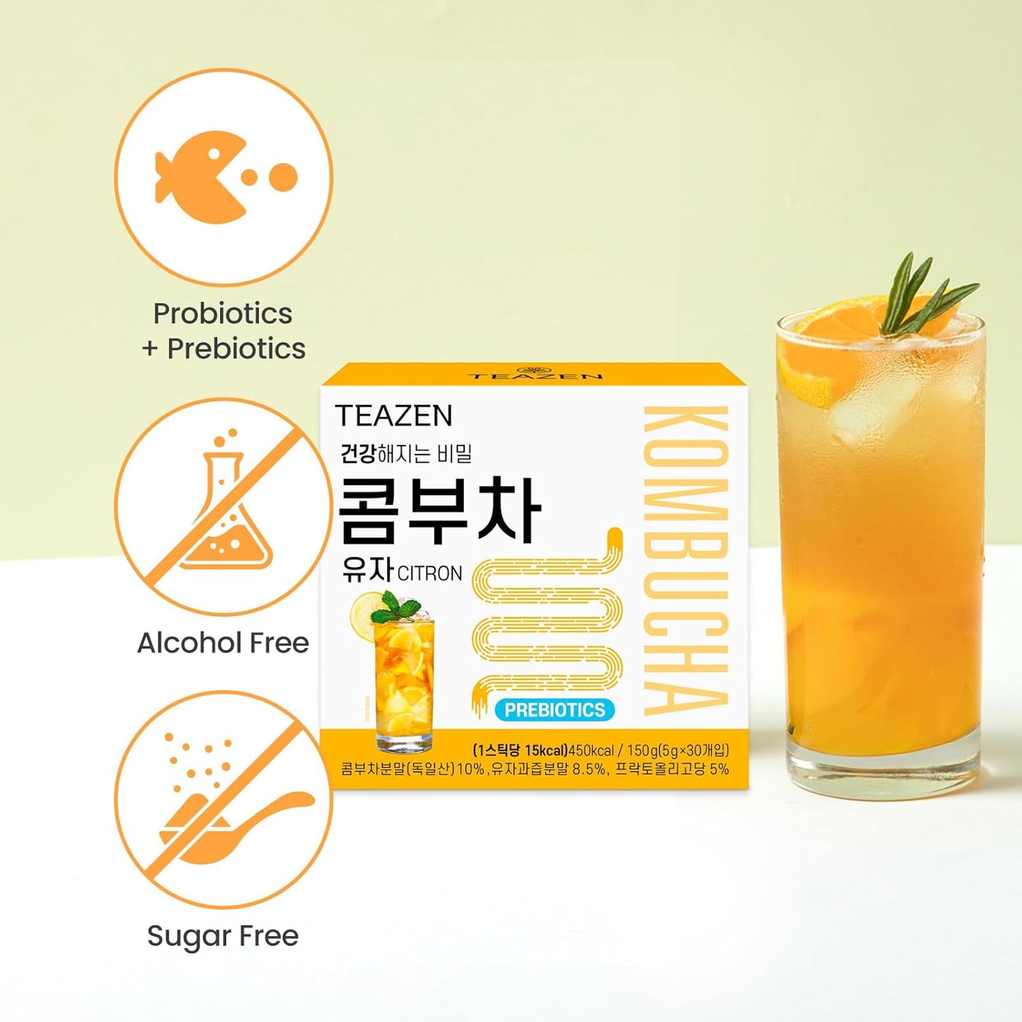 TEAZEN Citron Kombucha Tea, Hydration Drink Mix, Sugar Free, Live Probiotics & Prebiotics, 30 Sticks, 5.29oz