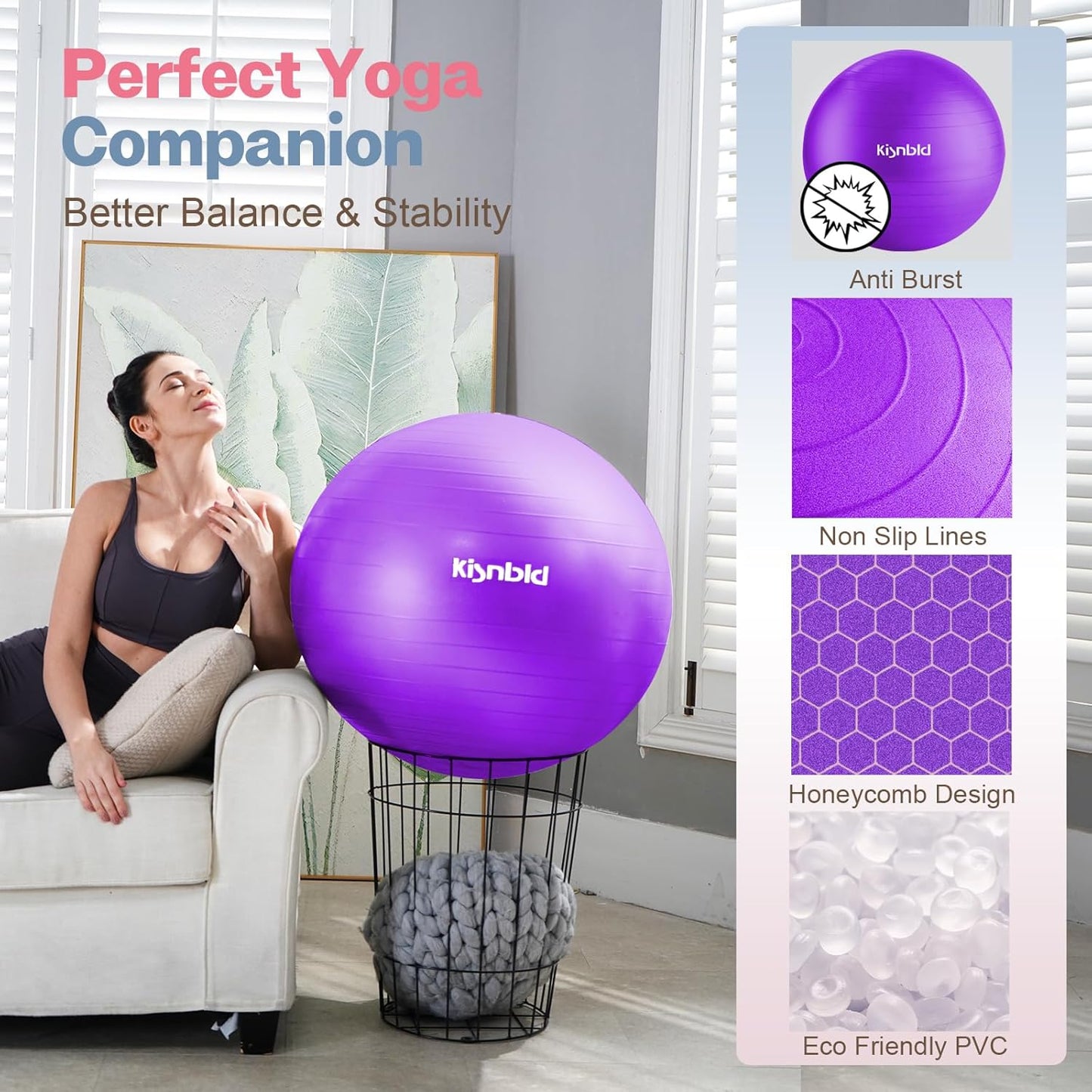 Exercise Ball, Extra Thick Yoga Ball for Workout Pregnancy Stability, 4 Sizes Anti-Burst Balance Ball with Foot Pump - Heavy Duty Fitness Ball Chair for Office, Home & Gym