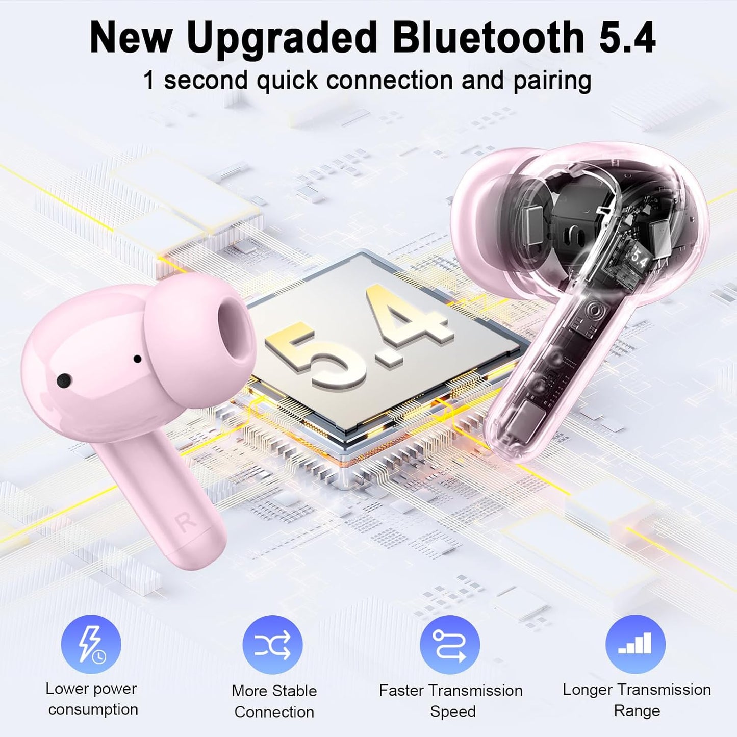 Wireless Earbuds, 2025 Bluetooth 5.4 Headphones Hi-Fi Stereo Ear Buds, 4 ENC Noise Cancelling Mic, 40+Hrs USB-C in-Ear Earphone, IP-X7 Waterproof Sport Workout Gym for Laptop Pad Android iOS