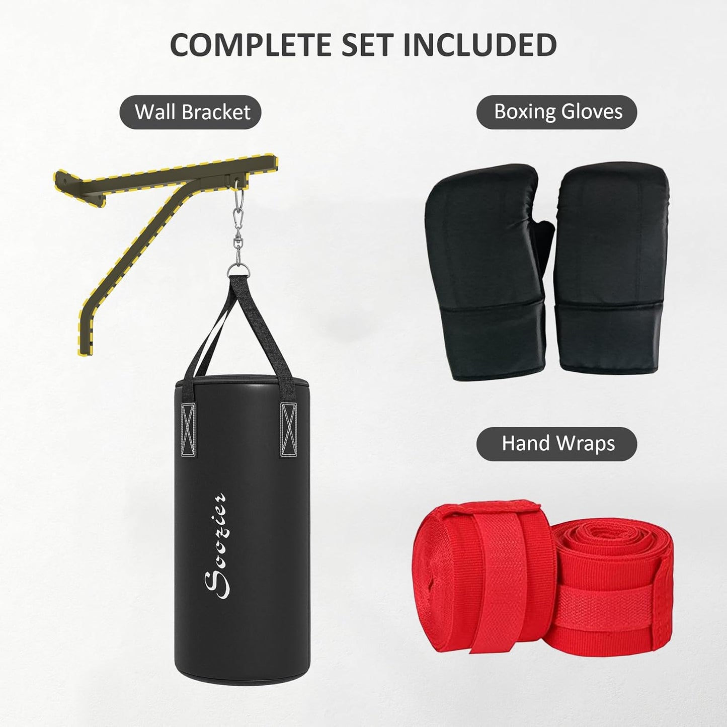 Soozier Unfilled Punching Bag for Adults, Heavy Bag Wall Mount Set with Bracket, Boxing Gloves, Hand Wraps and 360° Swivel Hook for Muay Thai and MMA Training
