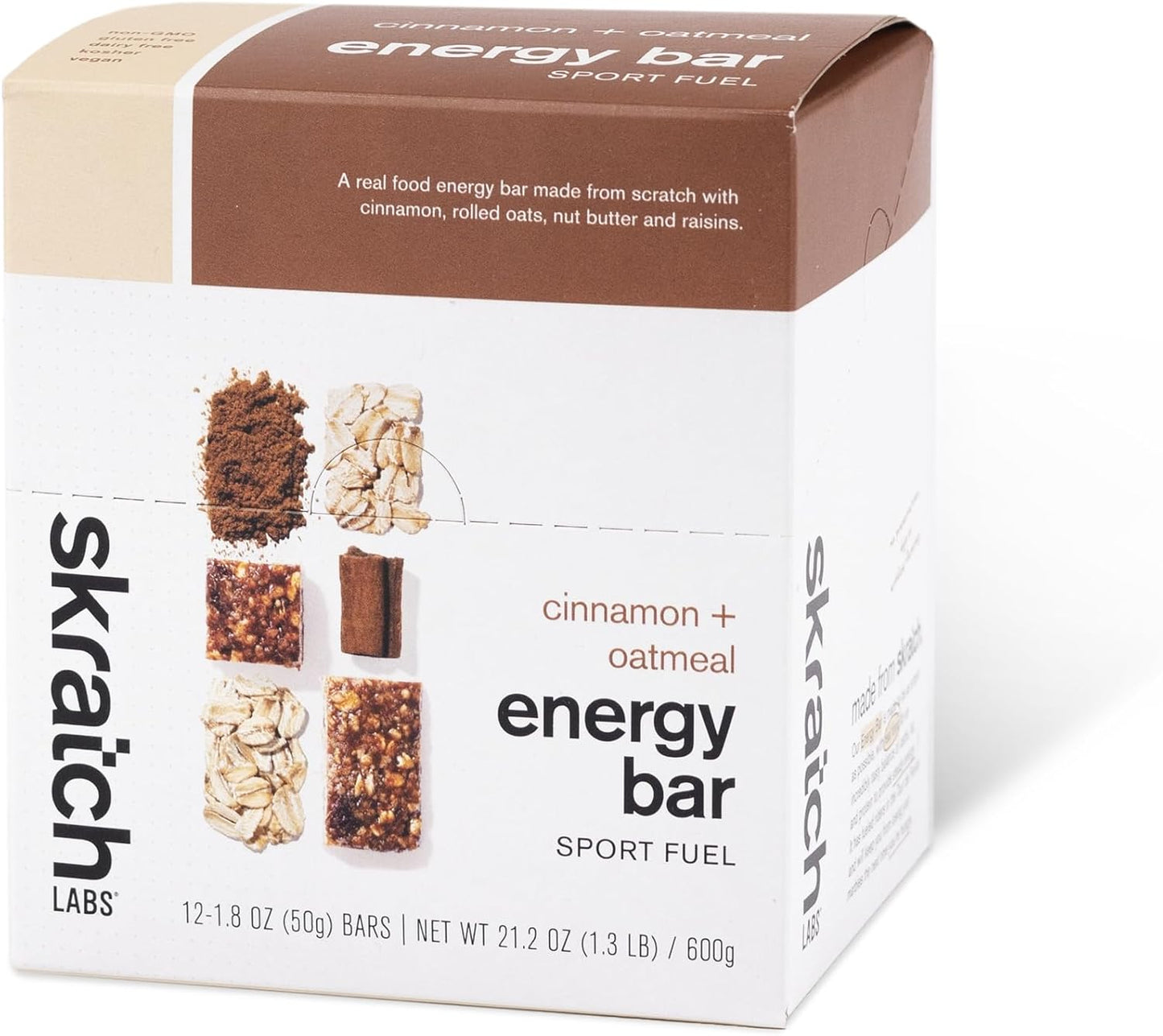 Skratch Labs Energy Bar | Cinnamon + Oatmeal (12 Pack) | Plant Based Healthy Snack | Low Sugar - 5g Protein | Non-GMO, Gluten Free, Soy Free, Vegan, Kosher