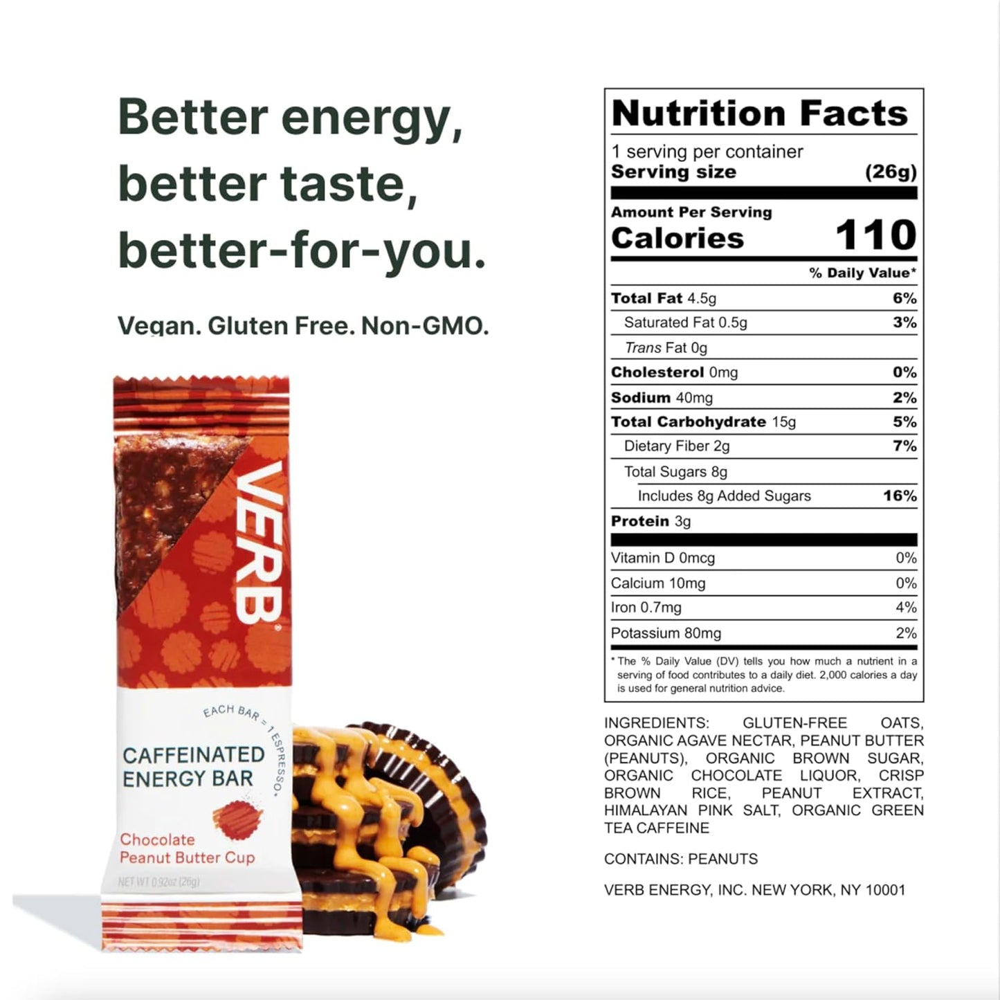 Verb Caffeinated Energy Bars Chocolate Peanut Butter Cup (26g, Pack of 16) 110-Calorie Delicious Energy Bar, Gluten Free On-the Go Snack with 80mg Green Tea Caffeine, Only Real-Food Ingredients