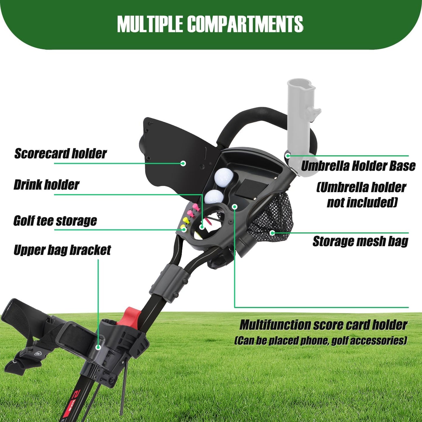 GC27 3 Wheel Golf Trolley, Golf Trolleys Folding Lightweight Golf Bag Pull Cart,Golf Cart for Golf Clubs and Golf Bag with Cup Holder Scorecard Holder/Storage Compartment