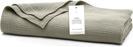 BOLL & BRANCH Dream Bed Blanket - King/Cal King, Sageleaf - Luxury 100% Organic Cotton - Soft, Lightweight and Breathable - Cloud-Like Touch
