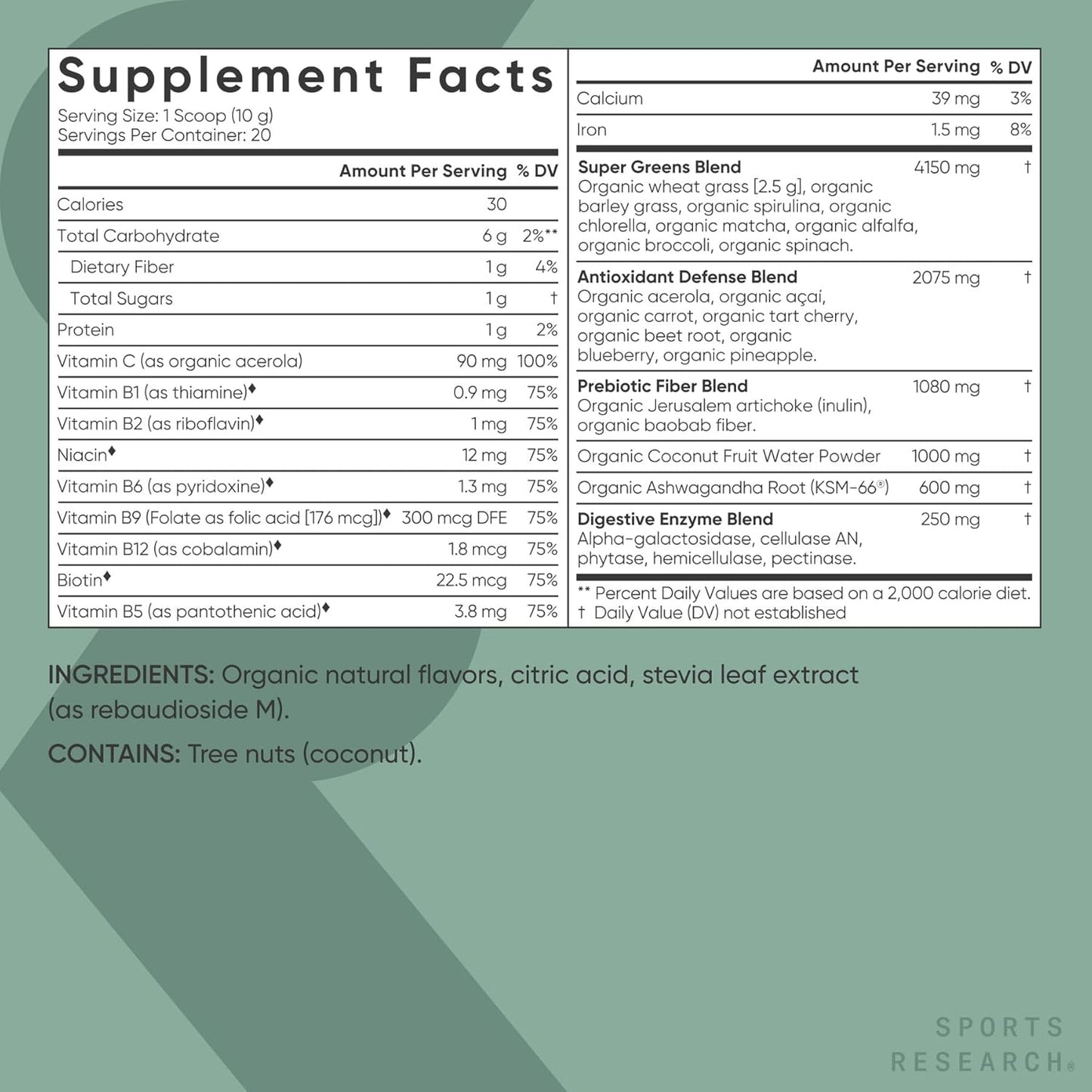 Sports Research® Organic Greens Superfood Powder w/Spirulina & Chlorella, Adaptogens, Enzymes, Probiotics & 8 VIT Bs for Gut & Mood Support* - Vegan, Sugar-Free & Low-Cal Original 20 Servings