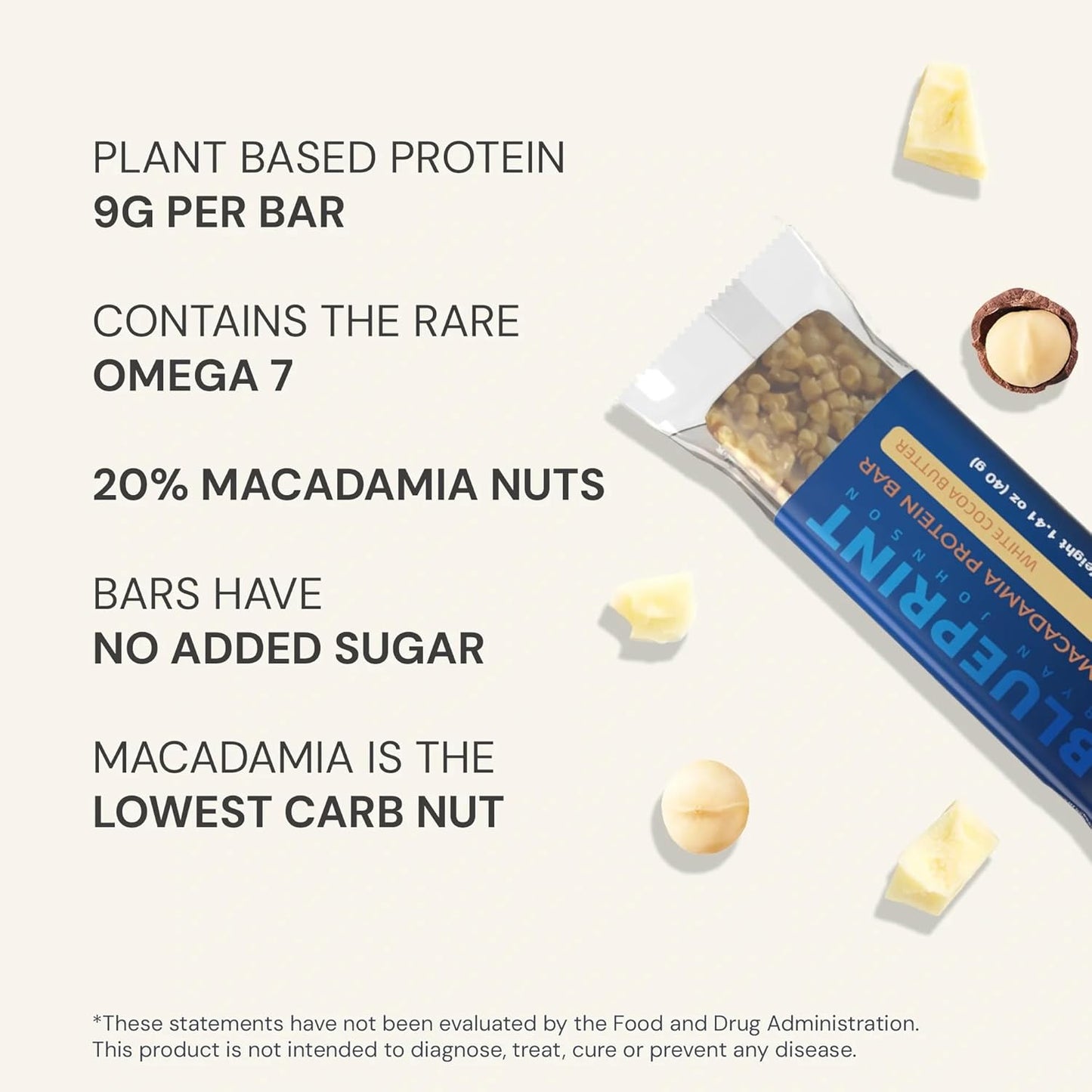 Blueprint by Bryan Johnson Macadamia Nut Protein Bars – 9G Plant Protein – Vegan, Low Carb, Low Sugar, Keto-Friendly Snacks - Non-GMO, Raw Nut Bar, Natural Ingredients (White Cocoa - 12 Pack)
