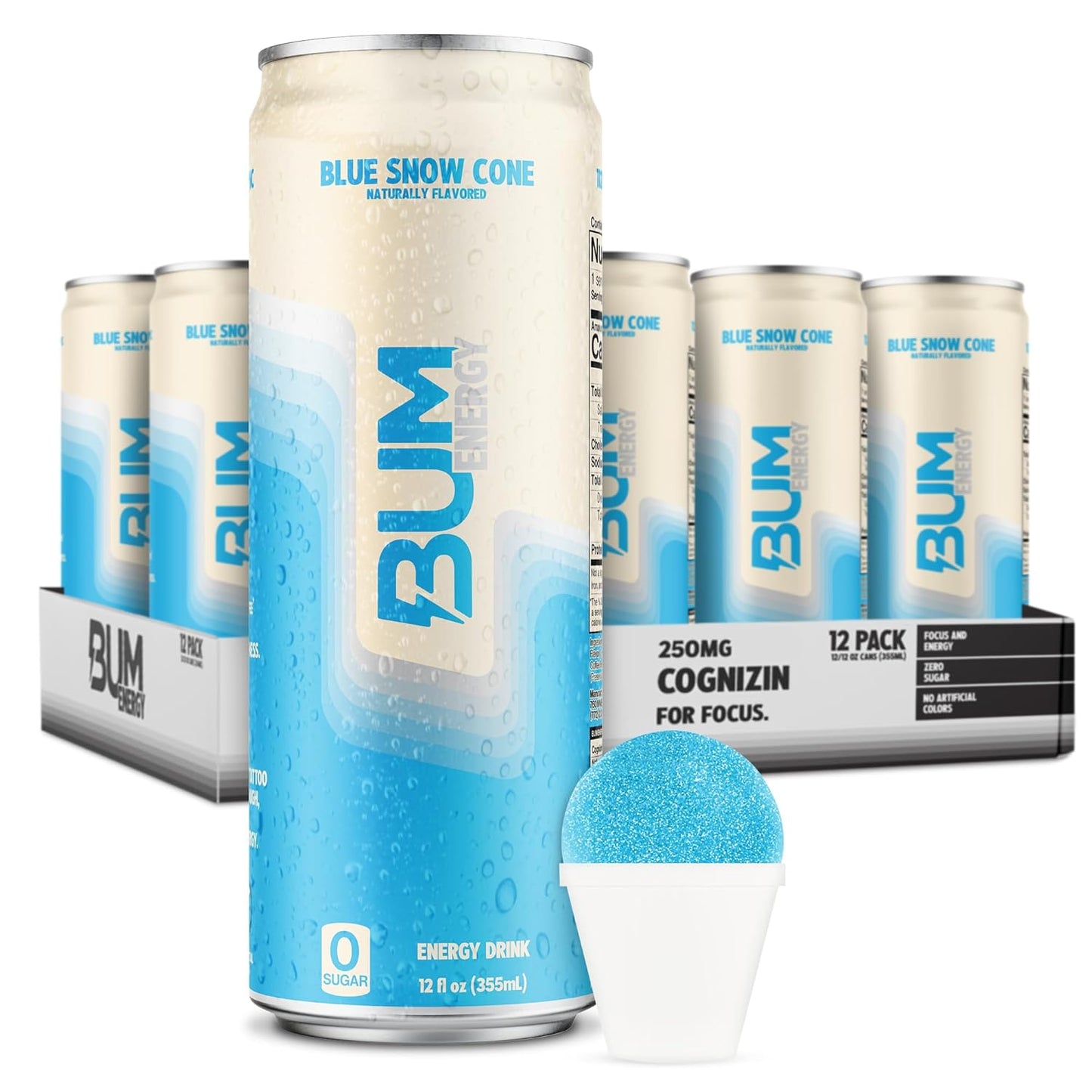 BUM Sugar-Free Energy Drink, Blue Snow Cone - Lightly Carbonated & No Artificial Colors, Natural Caffeine & Citicoline for Energy & Focus, Brain Boost & Workout Sports Beverage - 12 oz, Pack of 12