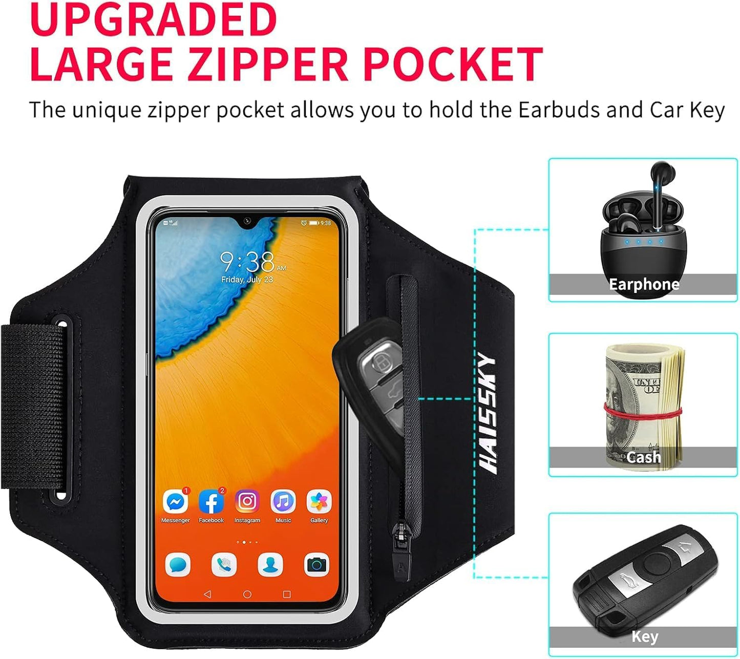 Running Armband with Earphone Bag Cell Phone Armband for iPhone 16/15/14/13/12 Pro, Galaxy S21/S20, Water Resistant Sports Phone Holder & Zipper Slot Car Key Holder for 6.4 inch Phone