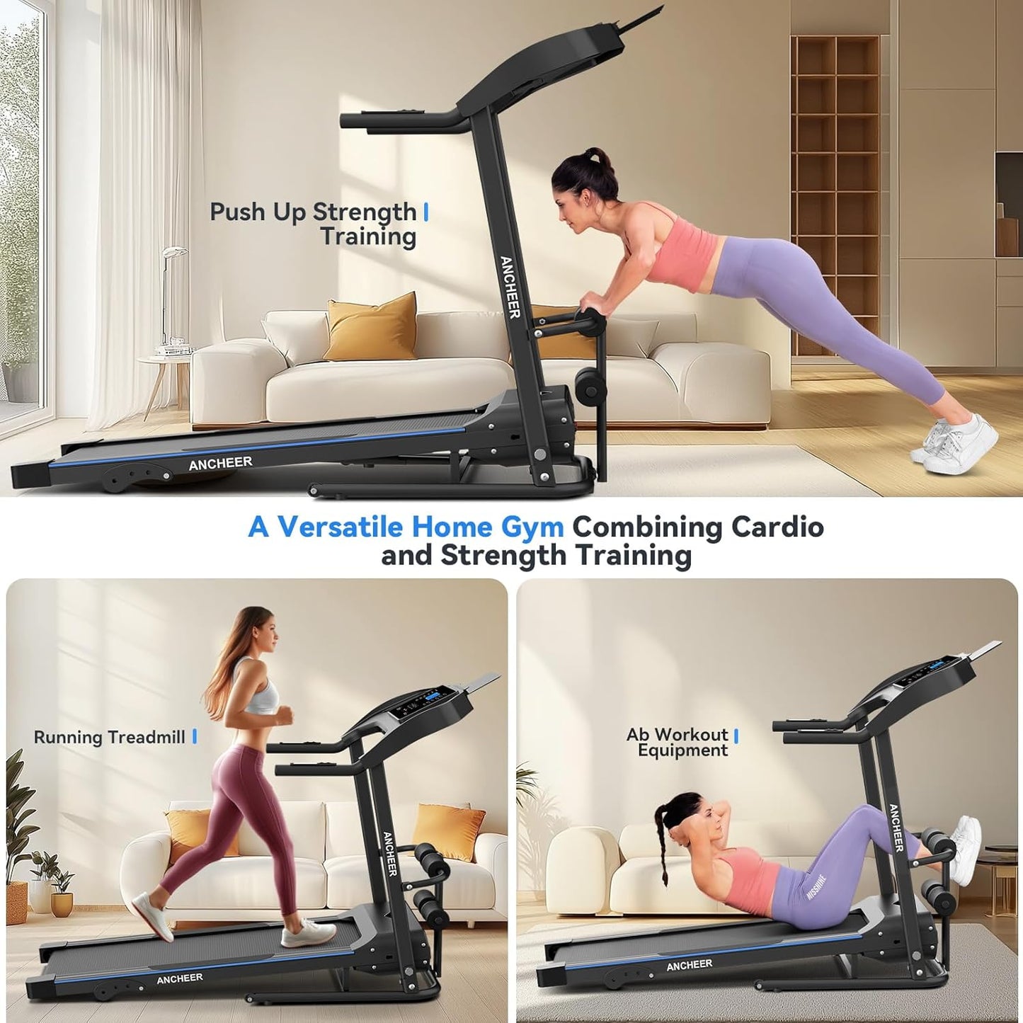 ANCHEER Foldable Treadmill with Sit Up Bench, 2025 Upgrade 3.5HP Portable Treadmills for Home with Incline 350 lbs Capacity, Smart LCD Display Body Fat& Heart Rate, Multifunction Exercise Equipment