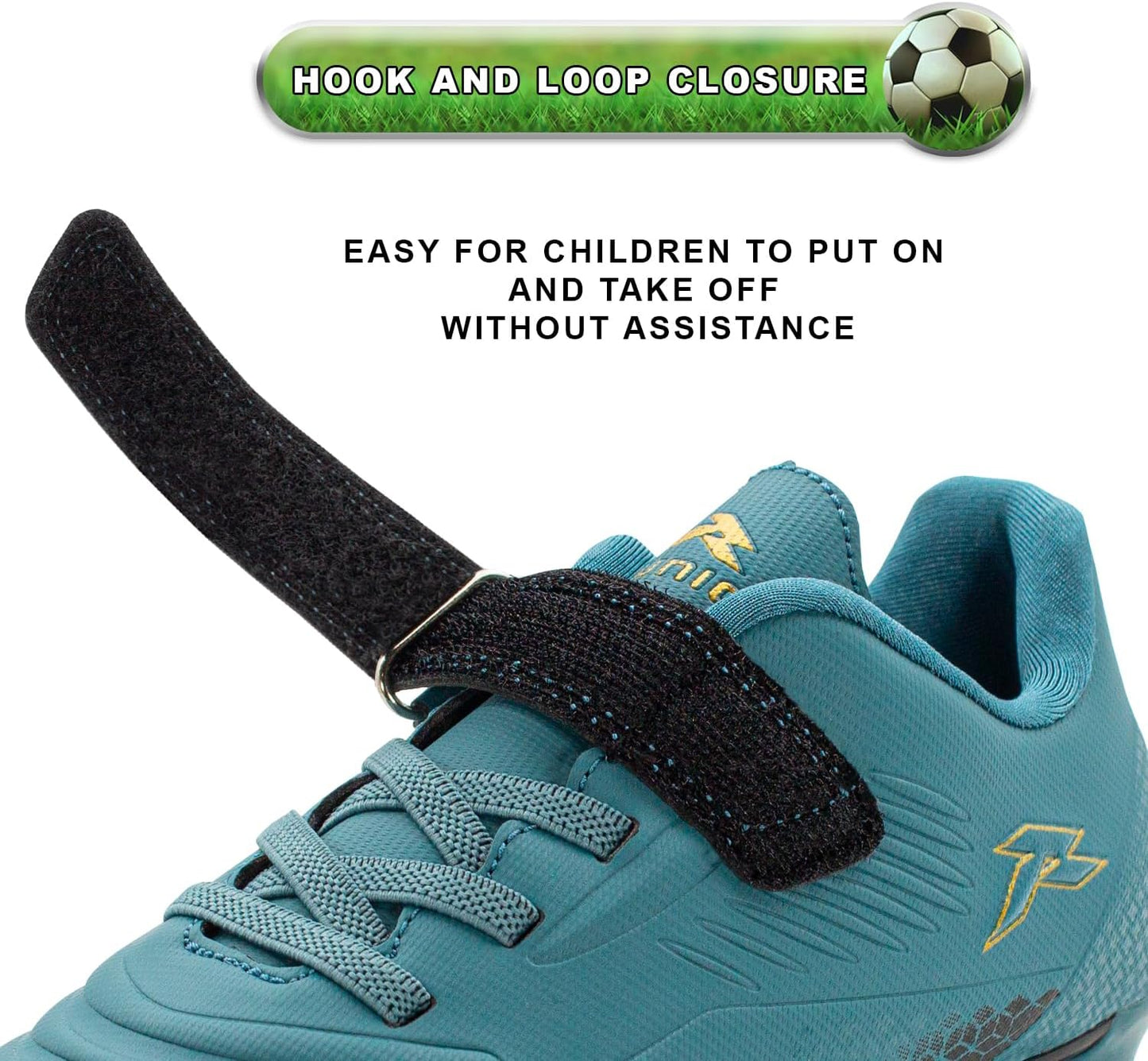 RUNIC Kids Soccer Cleats for Boys and Girls - Small and Big Kid Athletic Outdoor Football Shoes - Firm Ground - Hook and Loop Closure - Black/Gold