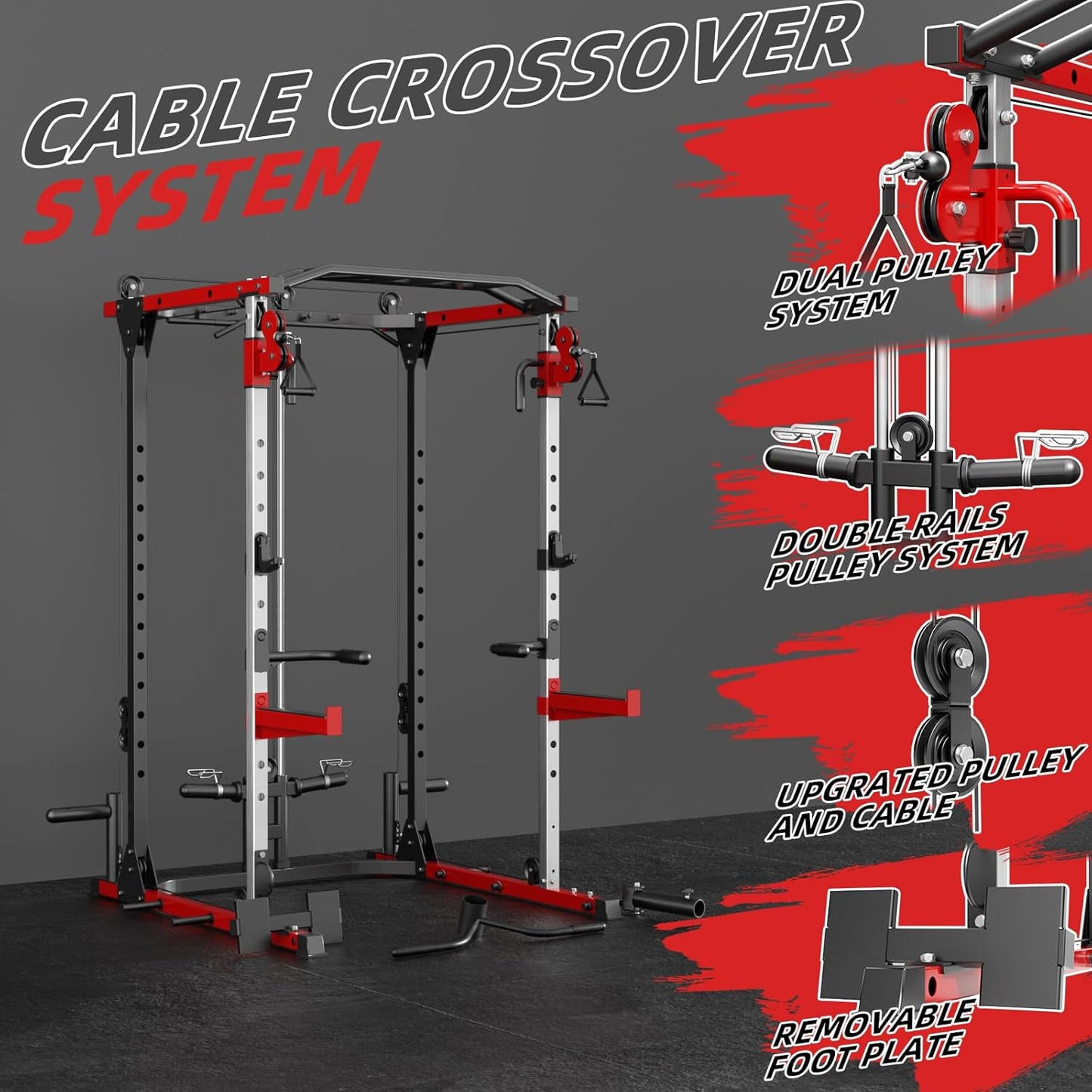 Smith Machine, Power Rack with LAT Pulldown System, Power Cage with Cable System, Squat Rack for Home Gym with Chest Press Machine, Spotter Arms, Leg Curl Attachment and More