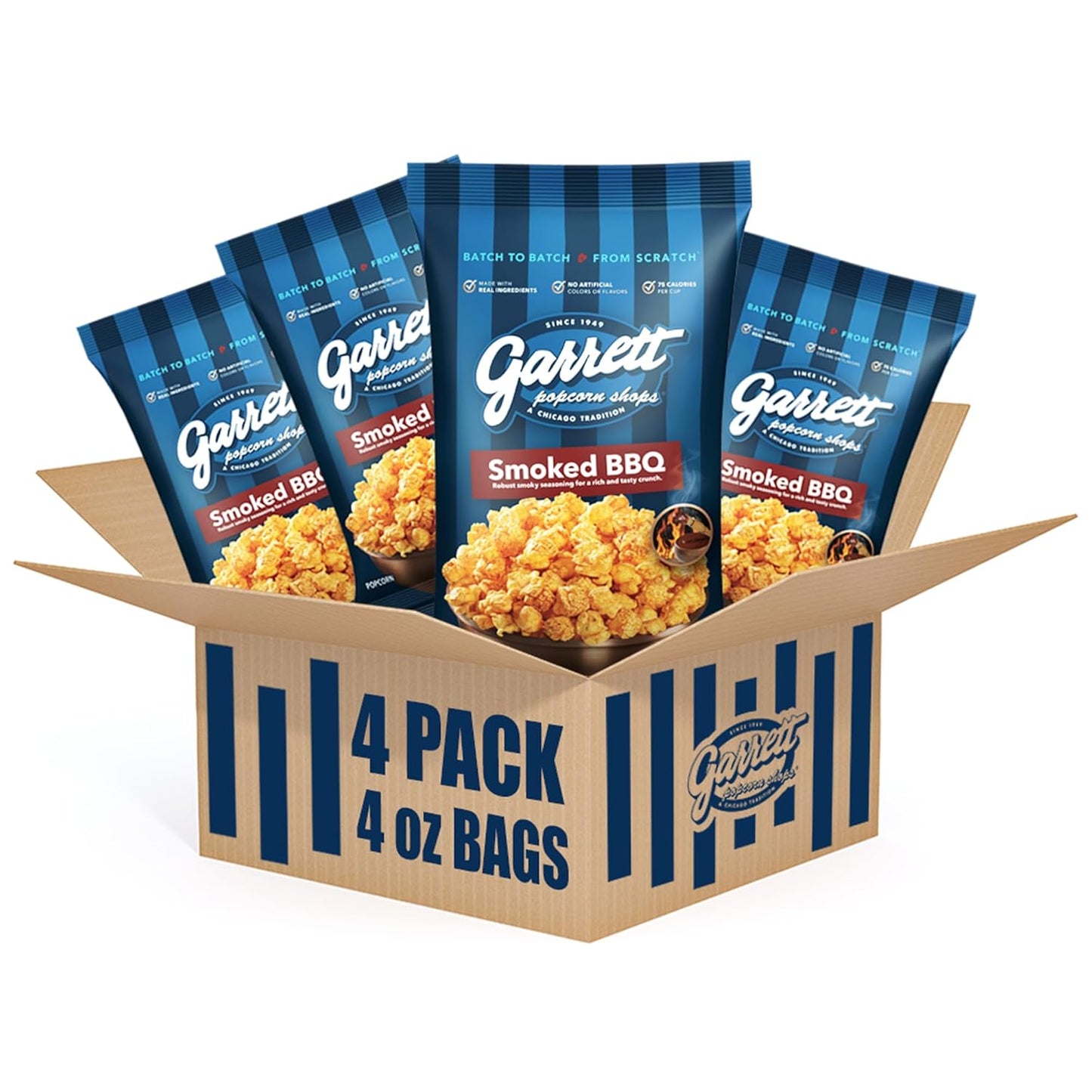 Garrett Popcorn Smoked BBQ, 4.0oz, 4 Bags, BBQ Popcorn, Gluten Free, Savory Snack, Popped Pop Corn Bags