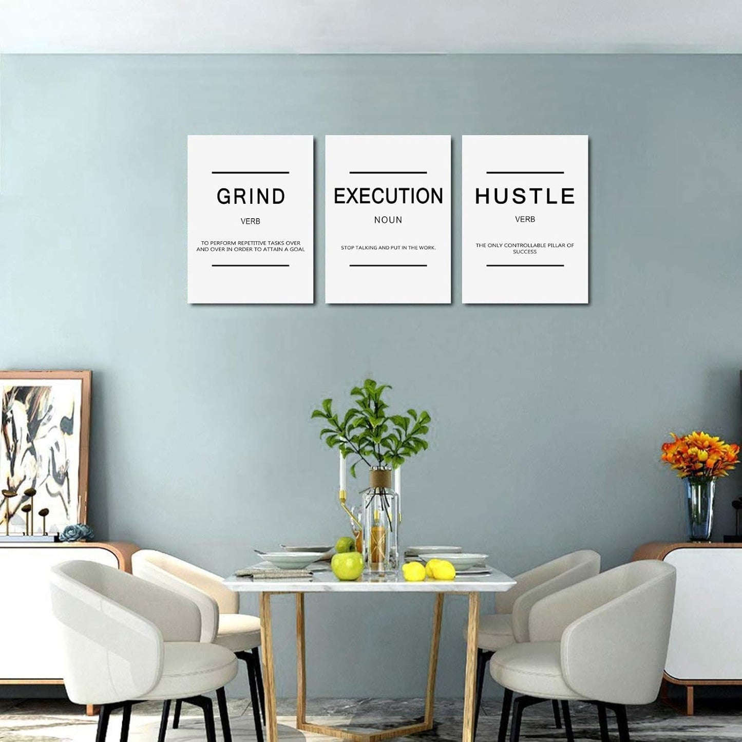 Inspirational Framed Canvas Wall Art - Grind Slogan, Success Quotes, Office Wall Art, Large Poster, Positive Motivational, Execute Poster (C-3pcs, 12x16in x3pcs)
