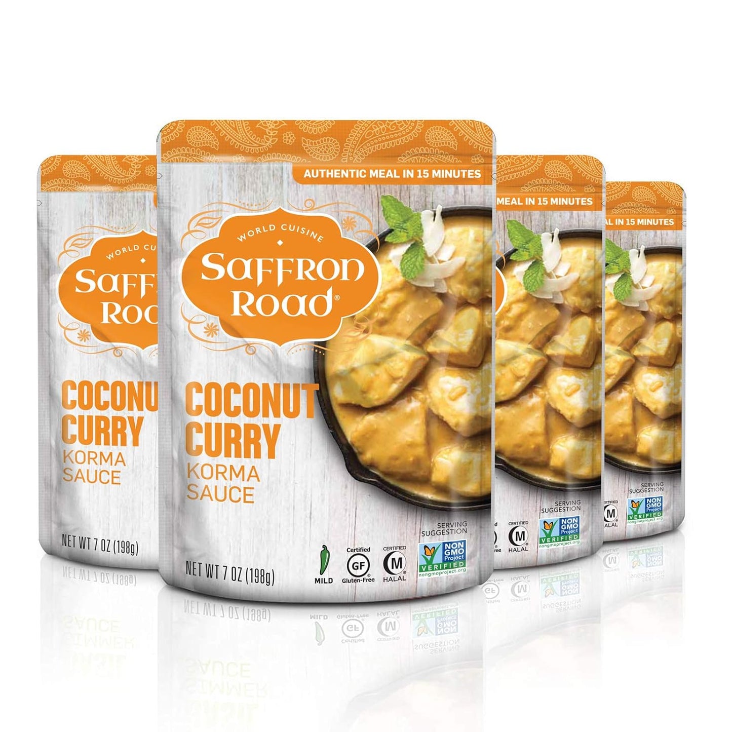 Saffron Road Coconut Curry Simmer Sauce | Globally Inspired Simmer Sauce | Gluten-free, Vegetarian, Non-GMO, and Certified Halal and Kosher | 7.0oz Pouch | Pack of 4