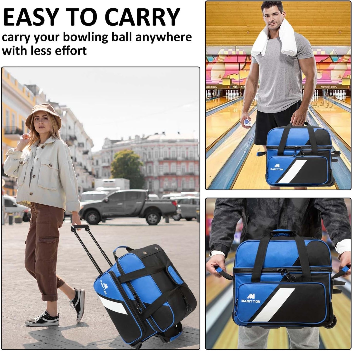 Bowling Bag with Wheels Double Roller 2 Ball Bowling Separate Shoe Compartment and Oversized Accessory Pocket, 36.6" Extendable Handle.