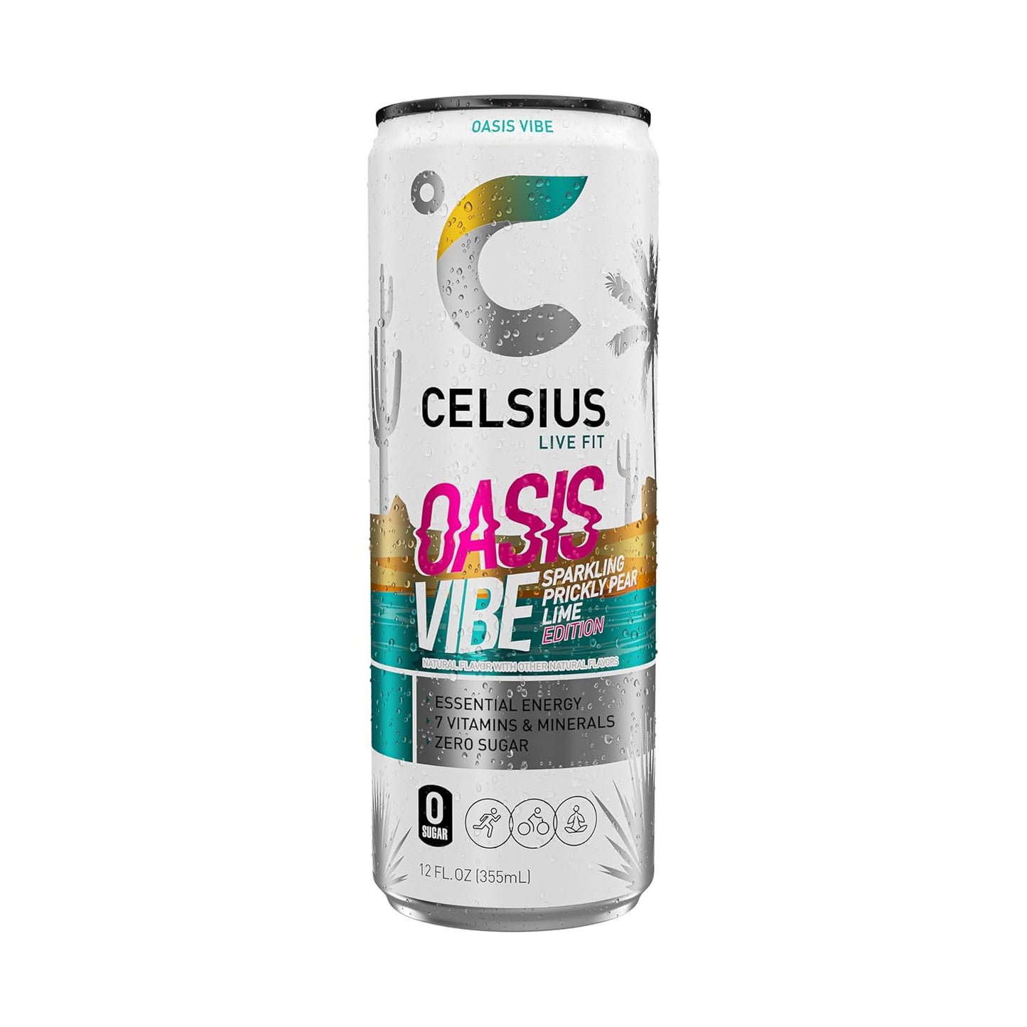 CELSIUS OASIS VIBE Sparkling Prickly Pear Lime, Sugar Free Energy Drink, 12 Fl Oz (Pack of 12)