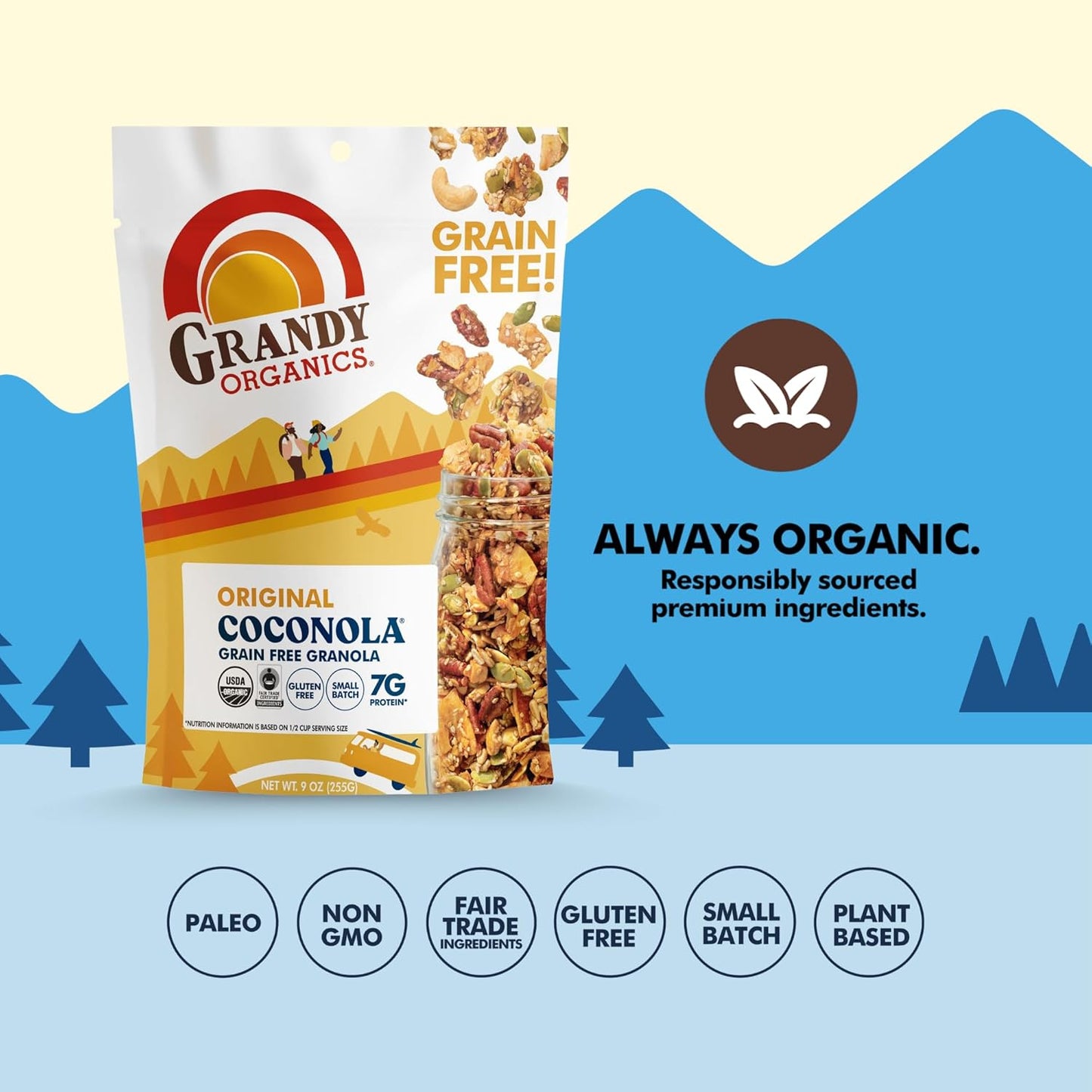 Grandy Organics Original Coconola Granola, Certified Organic Gluten Free Granola, Grain Free, Vegan and Paleo, Original Flavor Coconola, 9oz Each, Pack of 3