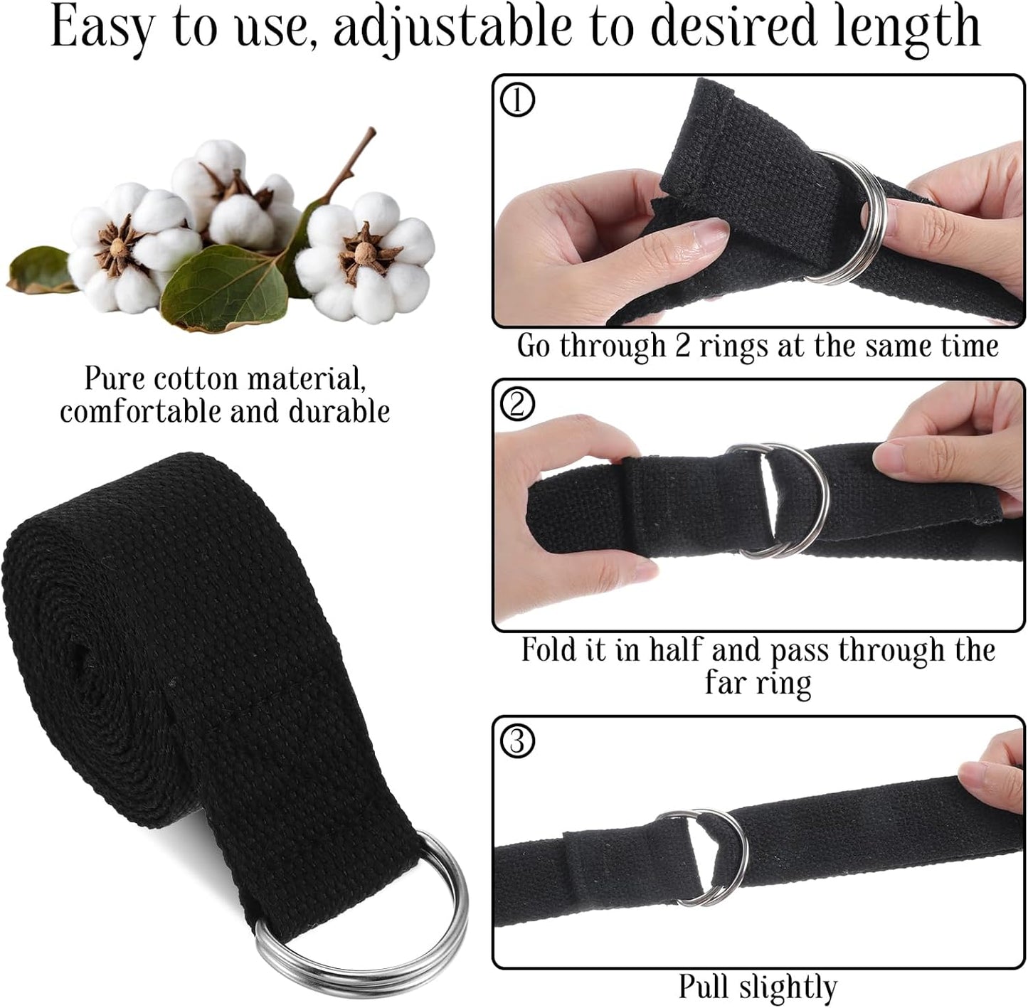 12 Pack Yoga Straps for Stretching, 6 Ft Black Exercise Bands with Adjustable D Ring Buckles for Pilates, Gym Fitness, Flexibility Training, Men Women