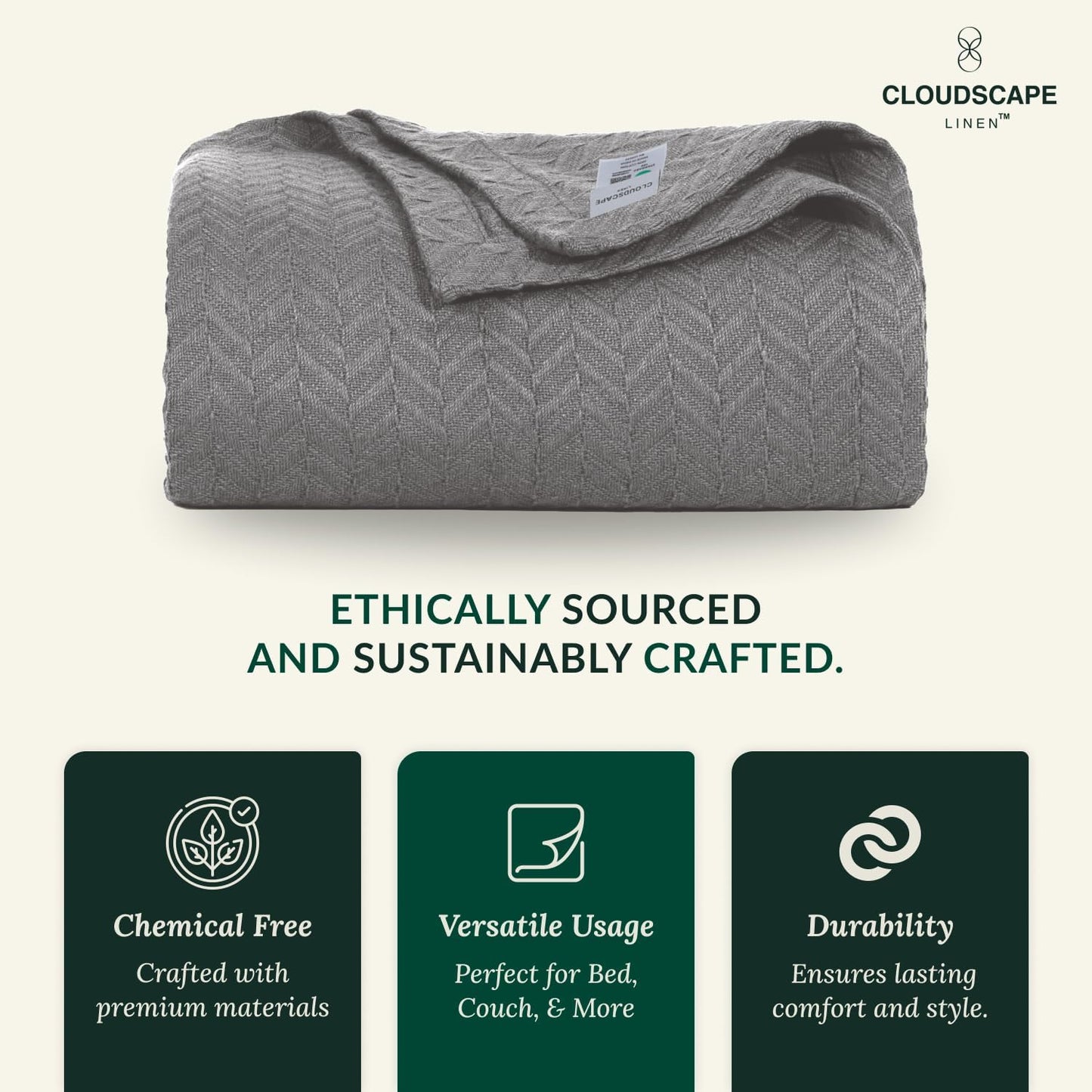 Cloud Scape Linen 100% Cotton Blanket King Size for Bed – Lightweight Summer Blanket, Herringbone Weave,fits California King Size Bed, 92x108,Dark Grey