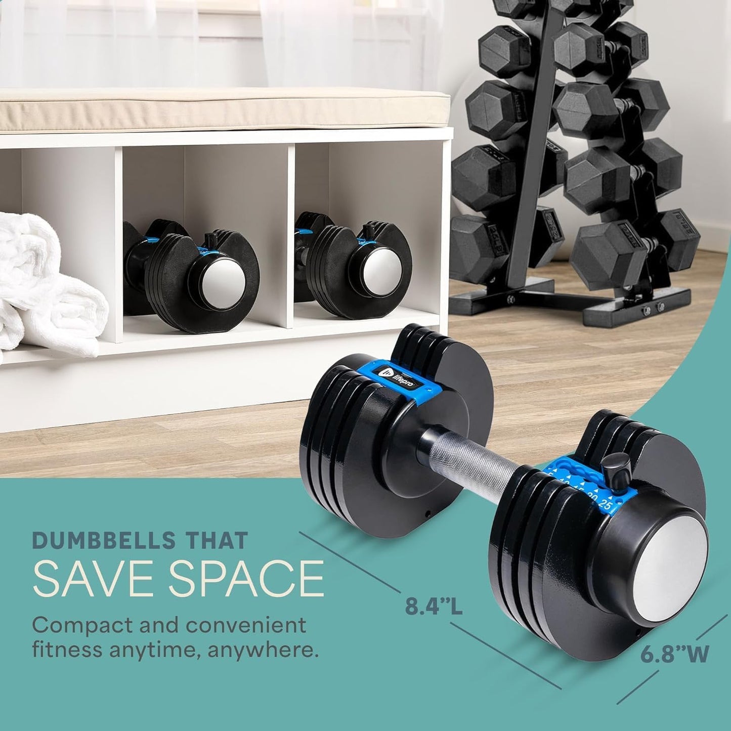 Lifepro Adjustable Dumbbells Set - 5in1-15lb 25lb 43lb 55lb weights Set & Single with Rack - Quick Adjust, Secure Grip - Compact Hand Weights for Men Women Home Gym