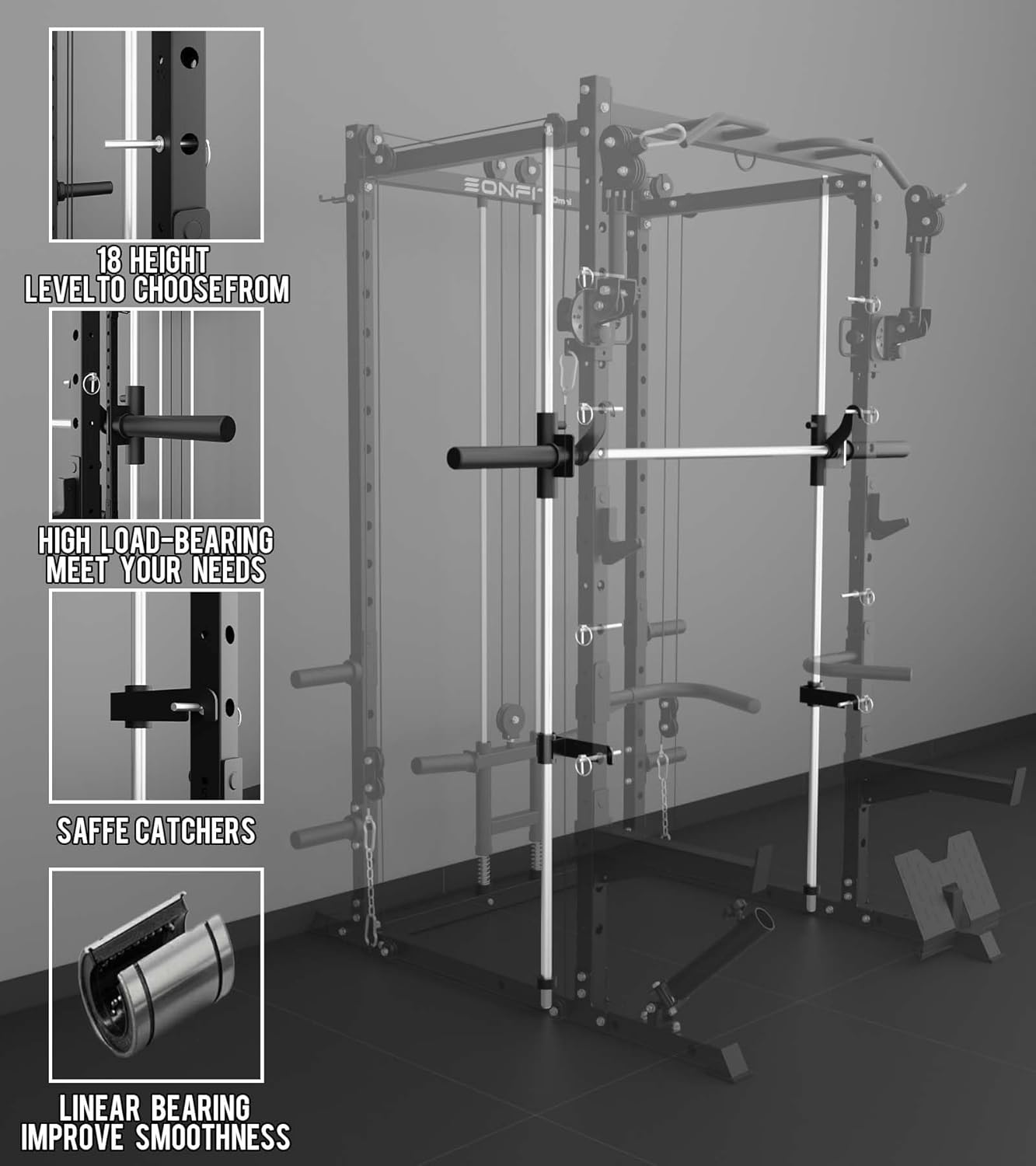 Eonfit E3 Smith Machine with 360°Rotating Arm for Home Gym Equipment, Multi-Function Power Cage Squat Rack with Cable Crossover LAT Pulldown Pulley System All in One
