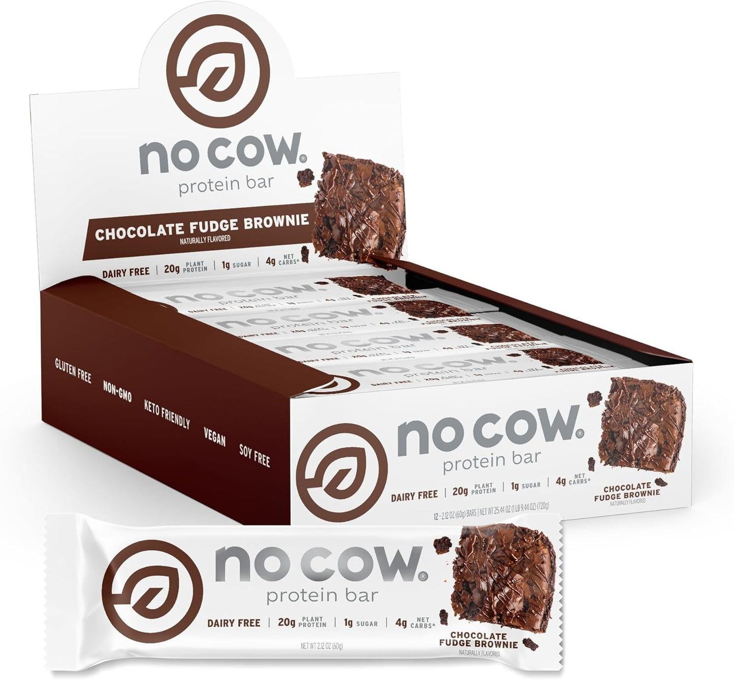 No Cow High Protein Bars, Chocolate Fudge Brownie - Healthy Snacks, 20g Vegan Protein, High Fiber, Low Sugar, Keto Friendly, Dairy & Gluten Free (12 Count)