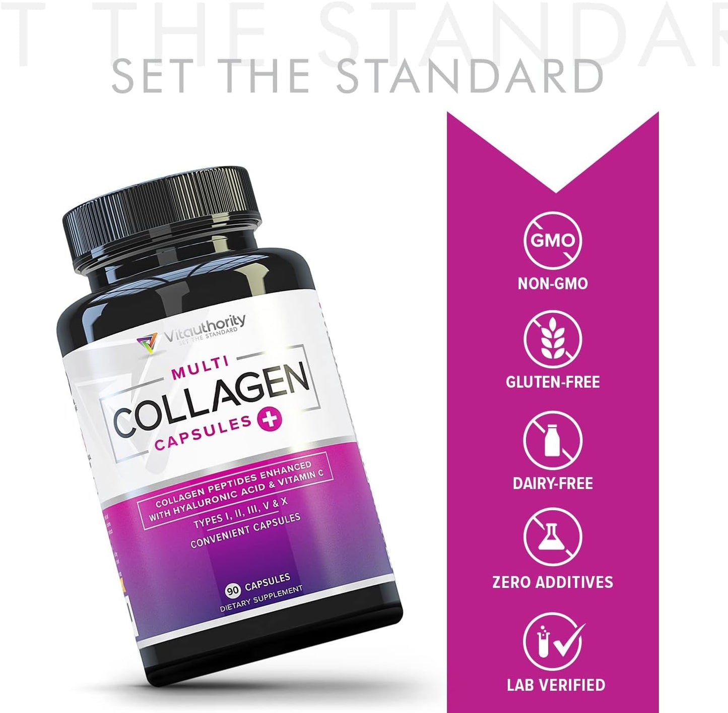 Multi Collagen Peptides Capsules for Women - Hydrolyzed Collagen for Women Pills with Types I II III V & X Plus Vitamin C & Hyaluronic Acid for Beautiful Hair Skin and Nails - 30 Servings