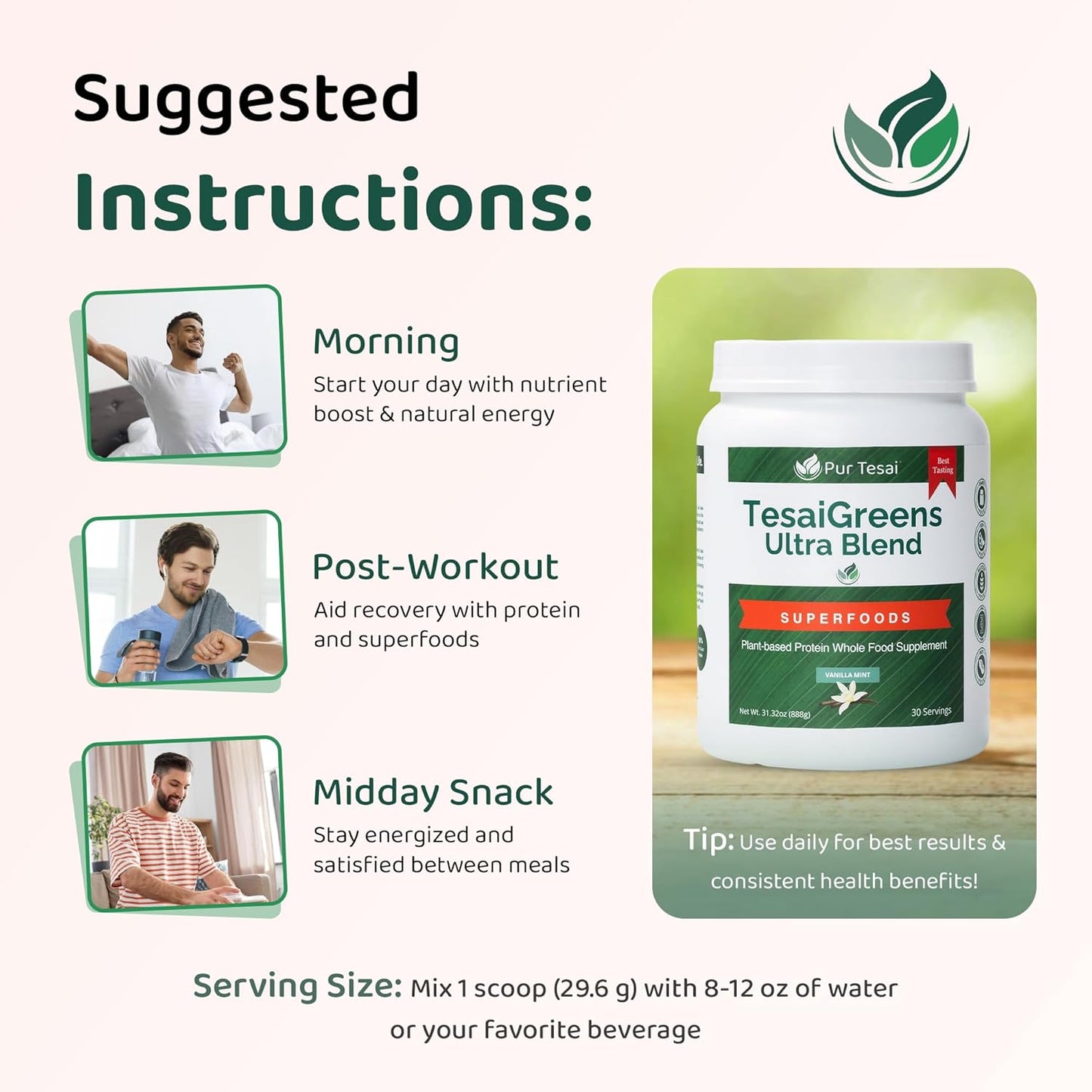 TesaiGreens Ultra Blend Superfood Nutritional Powder, Plant-based, 16g Protein, 7 Billion Probiotics, Vitamins, Mushrooms & Adaptogen, Energy, Immunity & Gut Health Support, Meal Replacement