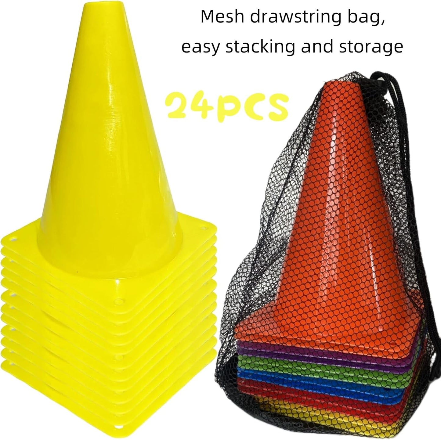 24 Pcs 7 Inch Plastic Traffic Cones, Basketball Football Drills, Skating, Sport Training Agility Markers, Indoor Outdoor Games, Multicolor