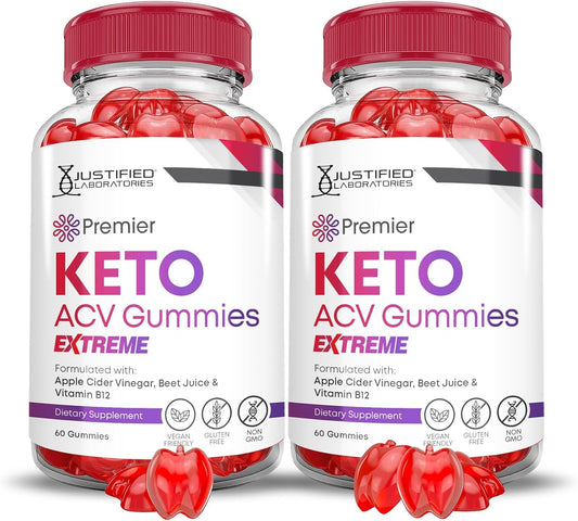 Justified Laboratories (2 Pack Premier Keto ACV Gummies Extreme 2000MG Premier Keto Gummies Apple Cider Vinegar Formulated with Pomegranate Beet Juice Powder B12 Vegan Non GMO 120 Gummys