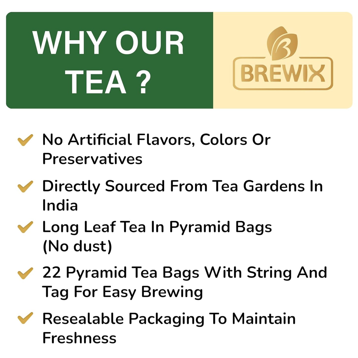 BREWIX, Green Tea (22 Pyramid Tea Bags) | Supports Overall Health, Natural & Pure High Grown Green Tea | Caffeinated & Gluten Free | Direct From India