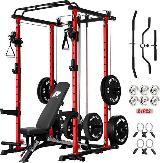 RitFit Power Cage with Optional LAT PullDown/Cable Crossover, 1000LB Squat Rack for Home & Garage Gym, with Weight Storage Rack and More Training Attachments, ASTM-Certified