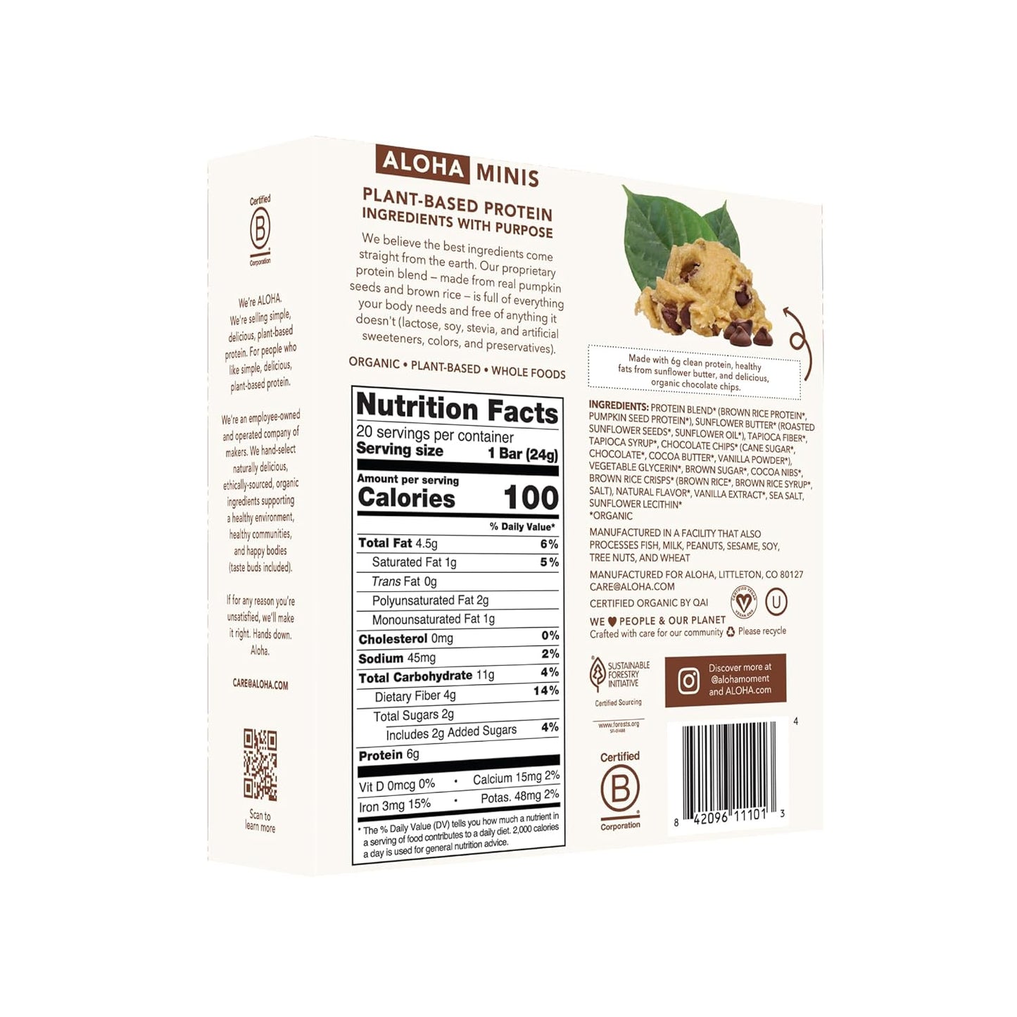 ALOHA Organic Plant Based Protein Bar MINIS |Chocolate Chip Cookie Dough| 20 Count, 24g Bars | Vegan, Low Sugar, Gluten Free, Paleo, Low Carb, Non-GMO, Stevia Free, Soy Free, No Sugar Alcohols