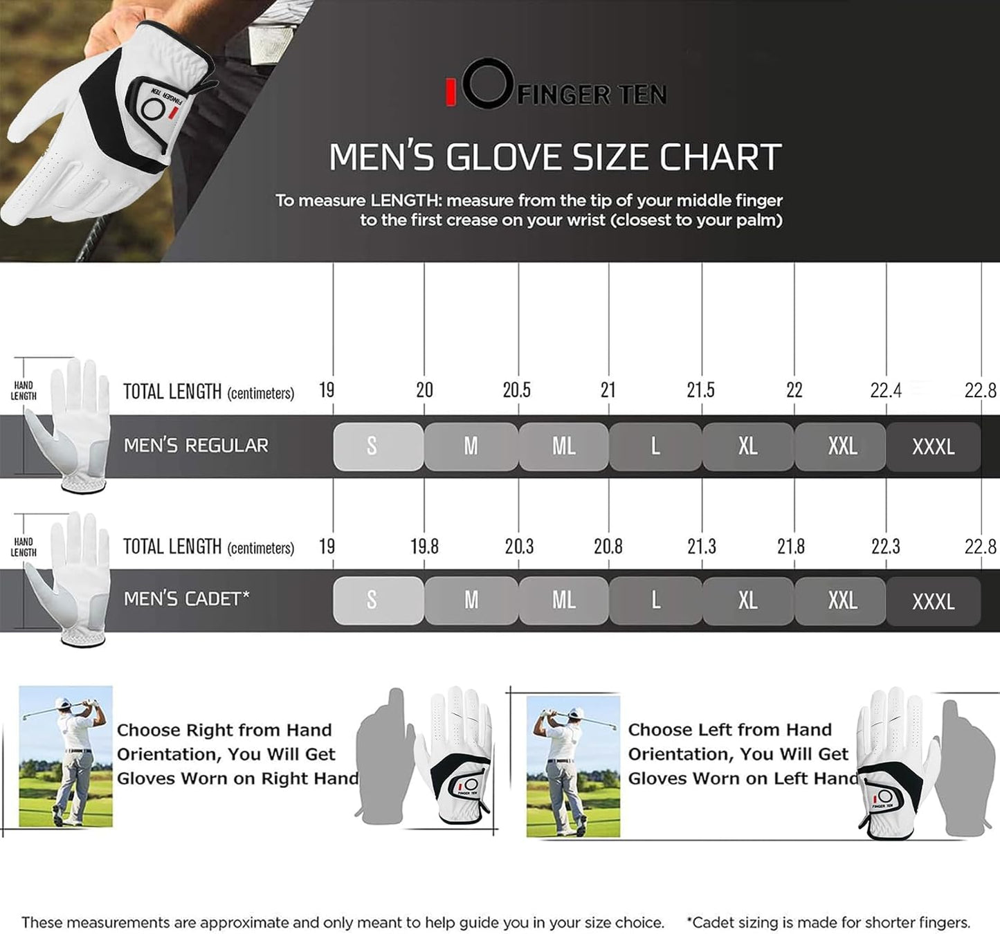 FINGER TEN Golf Gloves Men Left Hand Right Leather Value 5 Pack, Mens Golf Glove for Right Left Handed Golfer All Weather Grip Small Medium ML Large XL XXL 3XL