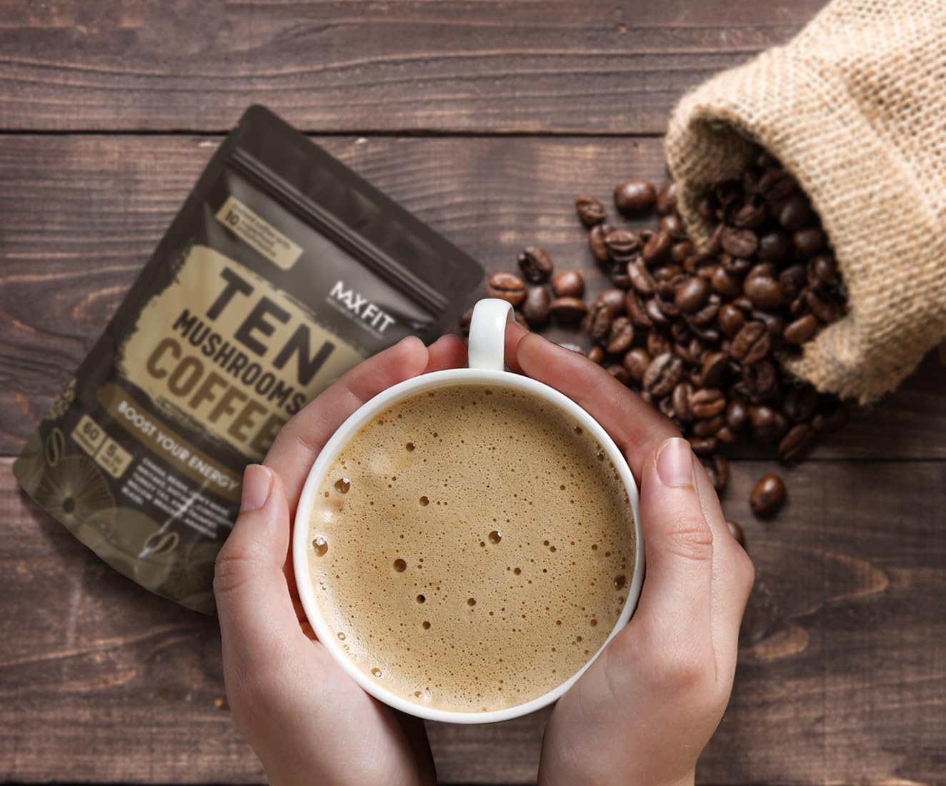 Mushroom Coffee (60 Servings) 10 Mushrooms (Lion’s Mane, Cordyceps, Turkey Tail & Other) Mixed With Gourmet Arabica Instant Immune Boosting Coffee for Focus & Gut Health Support