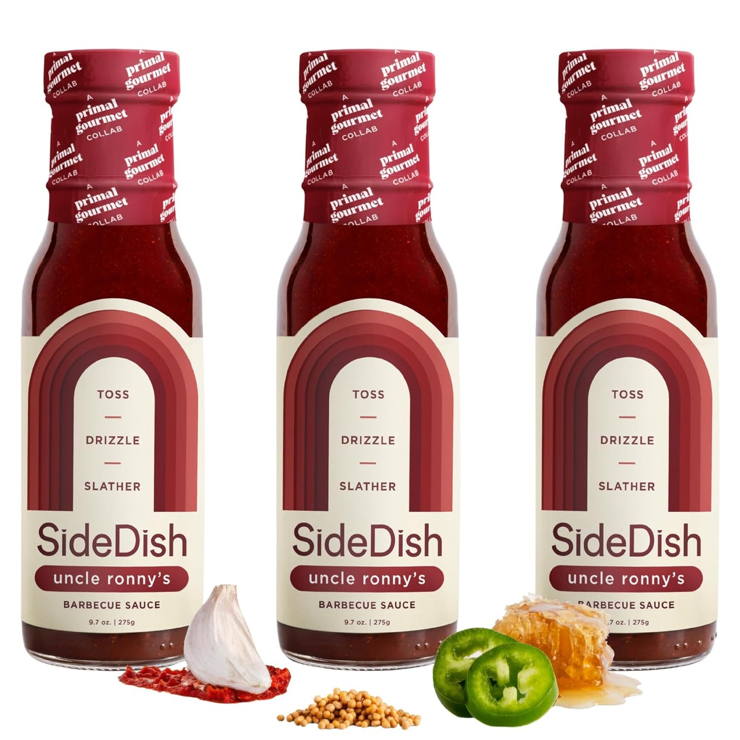 SideDish & Primal Gourmet Uncle Ronny's BBQ Sauce - Pack of 3 – Refined Sugar Free, Seed Oil Free BBQ Sauce with All-Natural Ingredients – Gluten & Dairy Free Paleo-Friendly Barbecue Condiment