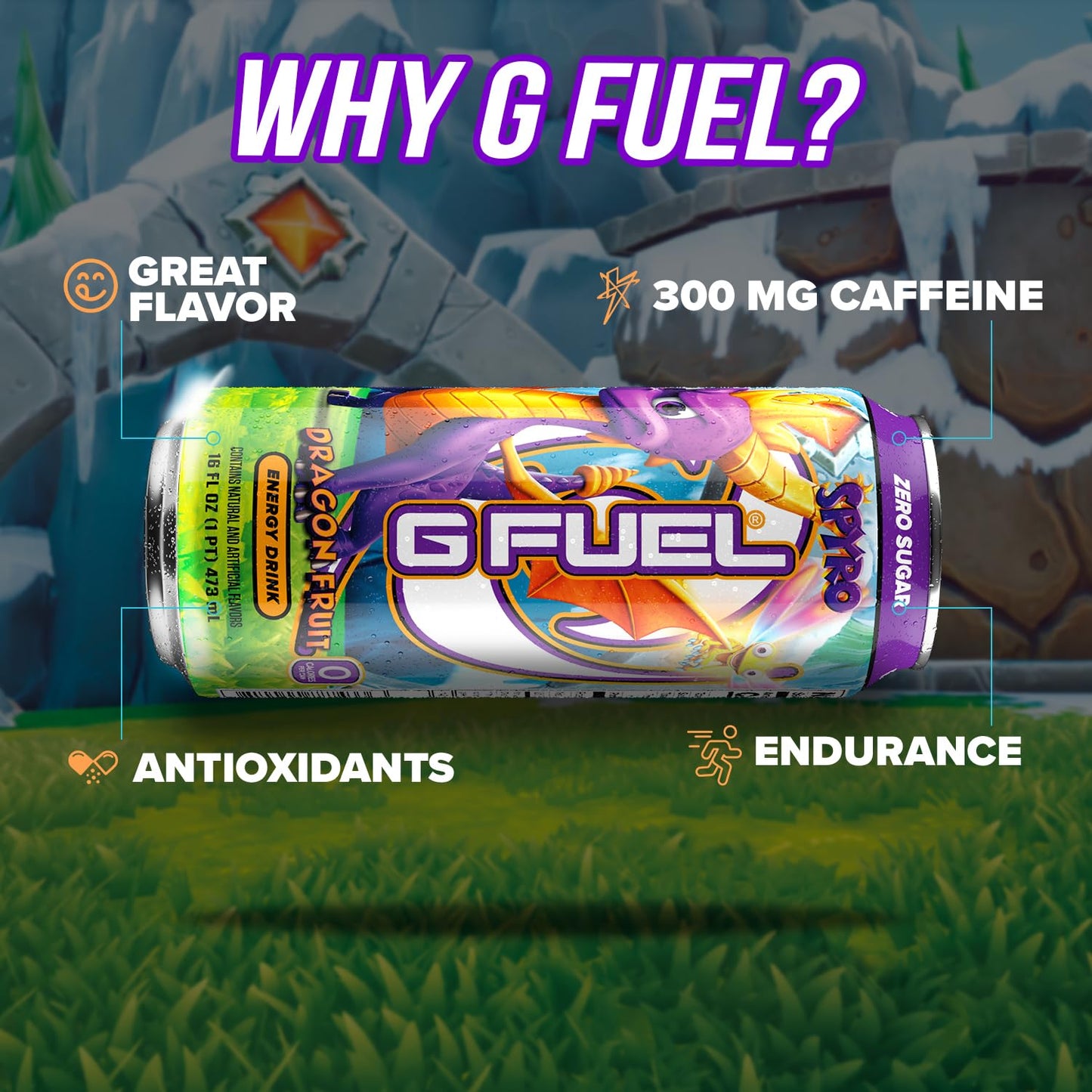 G Fuel Energy Drink, Dragon Fruit, Sugar Free Beverage with 140mg Caffeine, Daily Energy Boost with Focus Amino, Vitamin + Antioxidants, 16 oz Cans (Spyro the Dragon, 12-Pack)
