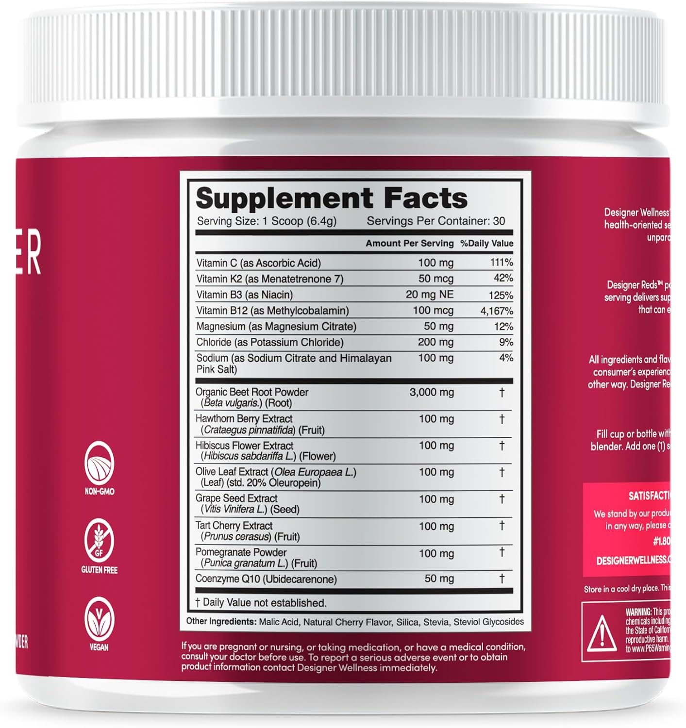 Designer Wellness, Designer Reds, Daily Superfood Powder with Beet Root, Support for Energy, Stress, Immune Health, Heart Health, and Digestive Health, Cherry Berry, 30 Servings