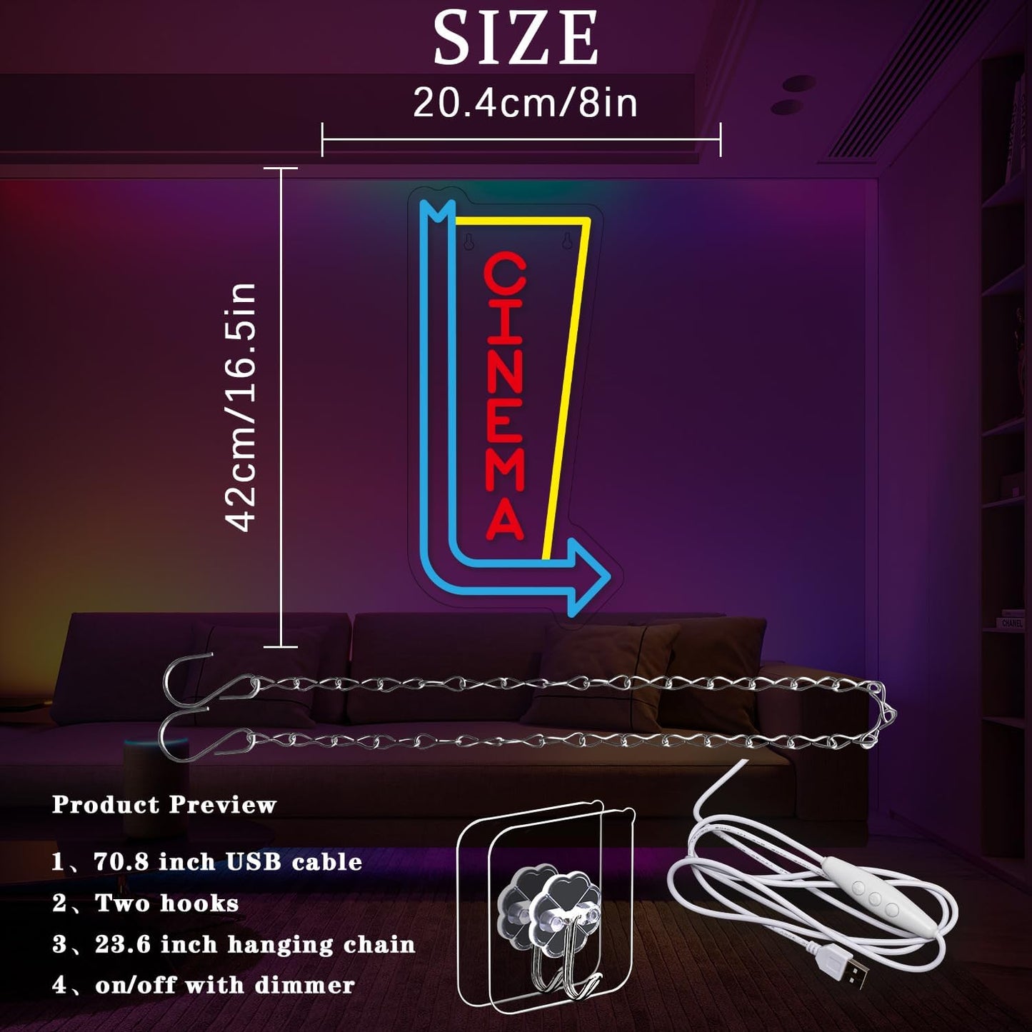 Cinema Neon Sign Arrow Neon Light for Wall Decor Movie Theater Led Neon Signs Movie Led Neon Lights for Home Theater Film Room Commercial Theater Store Decoration