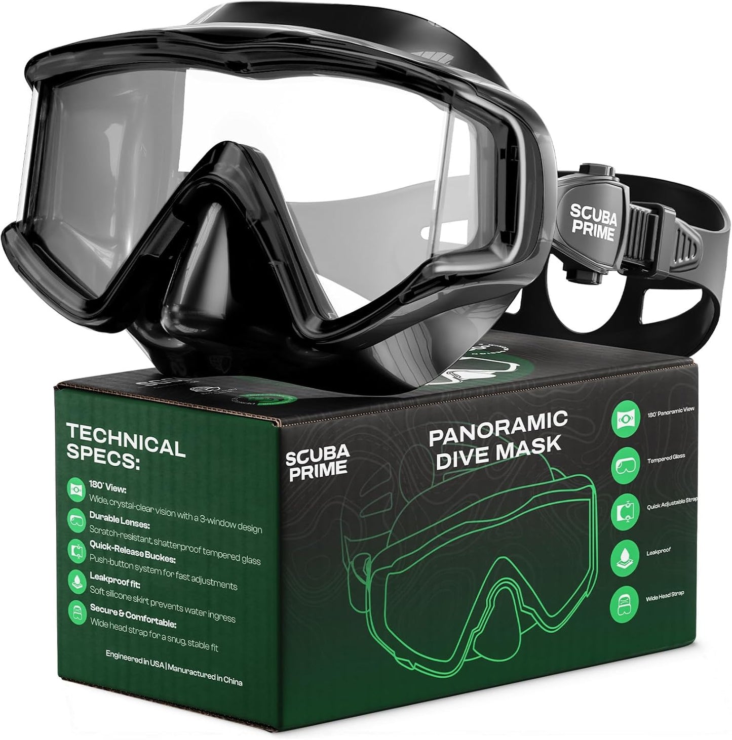 Pano 3 Scuba Diving Mask, Tempered Glass Snorkel Mask Three-Window Scuba Mask No-Leak Dive Mask Silicone Skirt Diving Mask for Snorkeling and Scuba Use