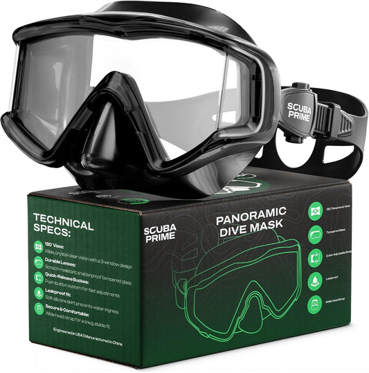 Pano 3 Scuba Diving Mask, Tempered Glass Snorkel Mask Three-Window Scuba Mask No-Leak Dive Mask Silicone Skirt Diving Mask for Snorkeling and Scuba Use