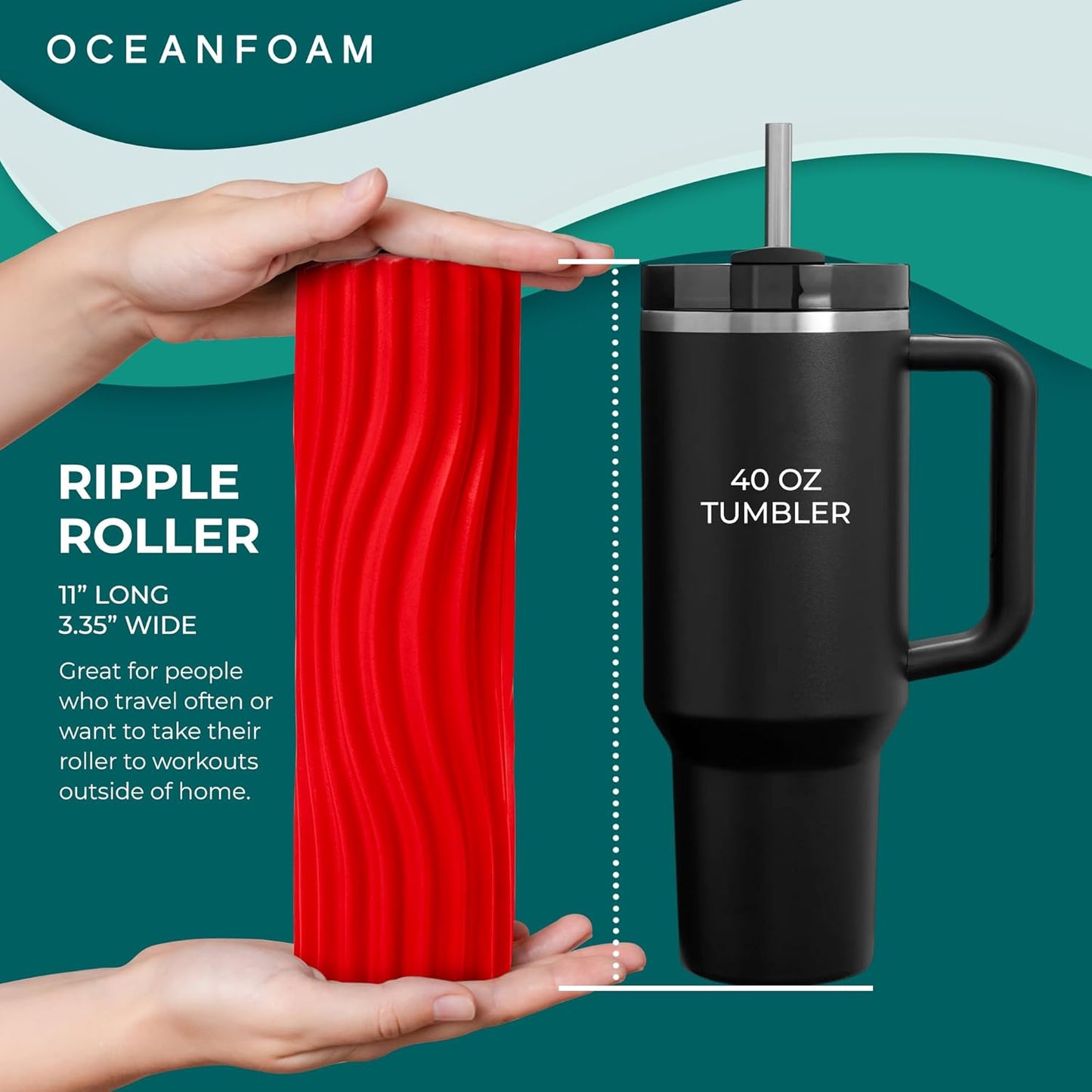 Oceanfoam Ripple Travel Foam Roller (11" x 3.35") Firm Mini Foam Roller for Physical Therapy, Deep Tissue Massage, Back Pain - High Density, Ergonomic Wave Textured - Yoga, Pilates, Exercise (Red)