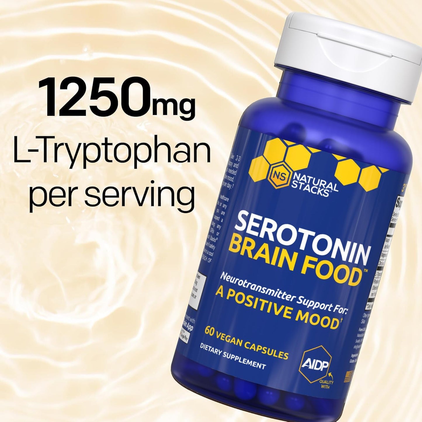 Serotonin Brain Food - 1250mg L-Tryptophan & 400mg Rhodiola Rosea Supplement - Mood Support Supplement for Stress Relief - Neurotransmitter Support with Magnesium Glycinate & Zinc - 60 Capsules