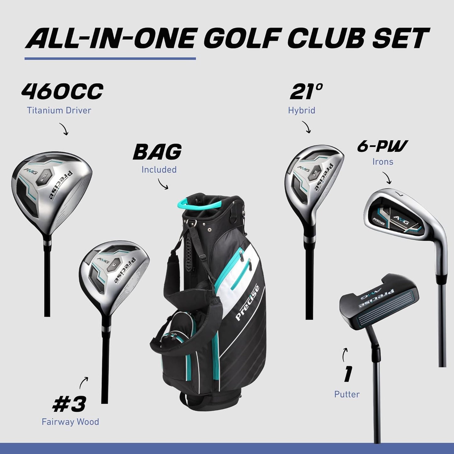 Precise AMG Men's Complete Golf Club Set, Includes Titanium Driver, S.S. Fairway, S.S. Hybrid, S.S. 6-PW Irons, Putter, Bag, 3 H/C's, Men’s Golf Clubs Full Set Right Handed, Regular or Tall Size