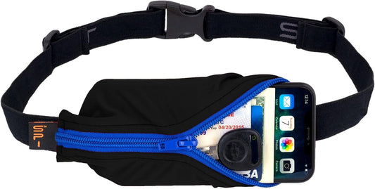 SPIbelt Running Belt for Women Men, Phone Holder for Running, Running Fanny Pack, Holder for Phone, Running Waist Pack, Adjustable Waist, [Fits All Phones]. Black with Blue Zipper