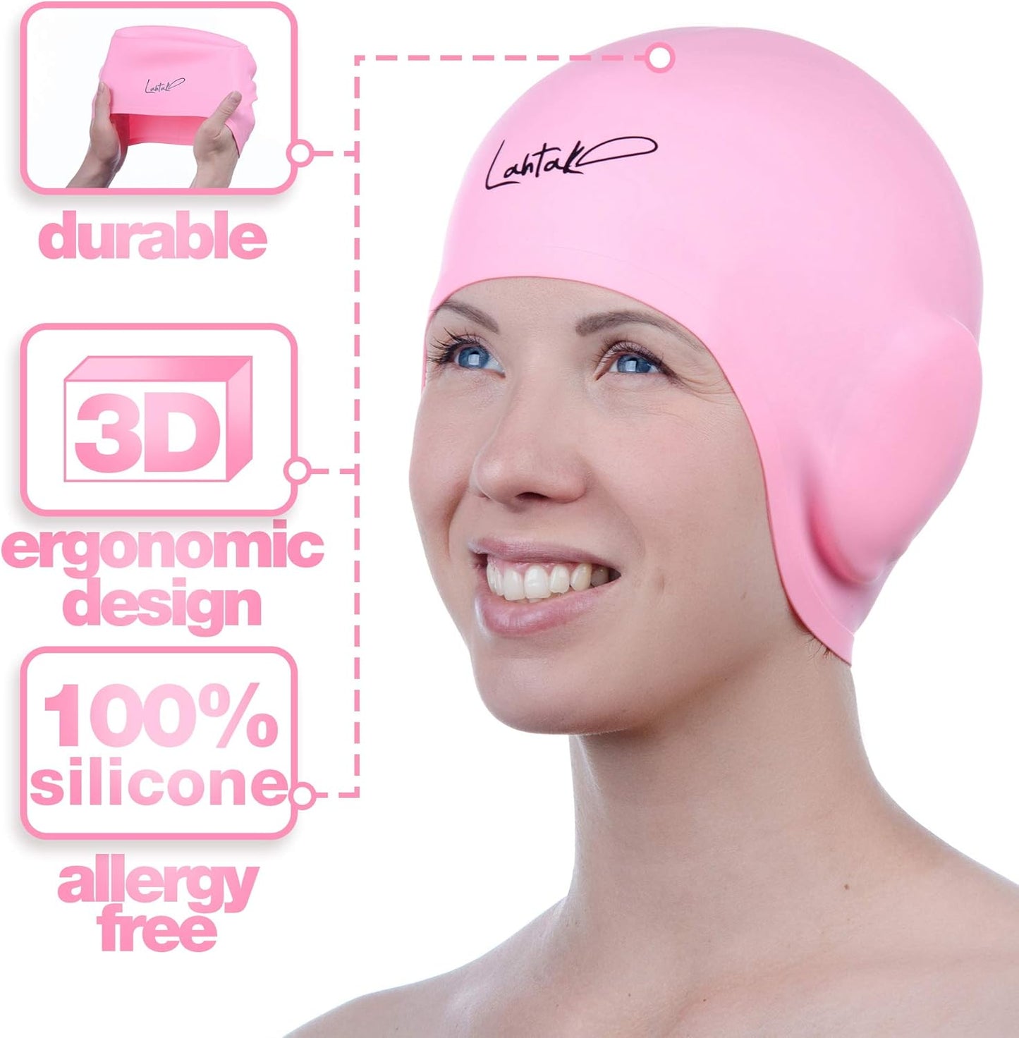 3D Swim Caps - Ear Protection Swimming Cap for Women & Men - Silicone, Waterproof - Fits Long & Short Hair - Adult & Youth