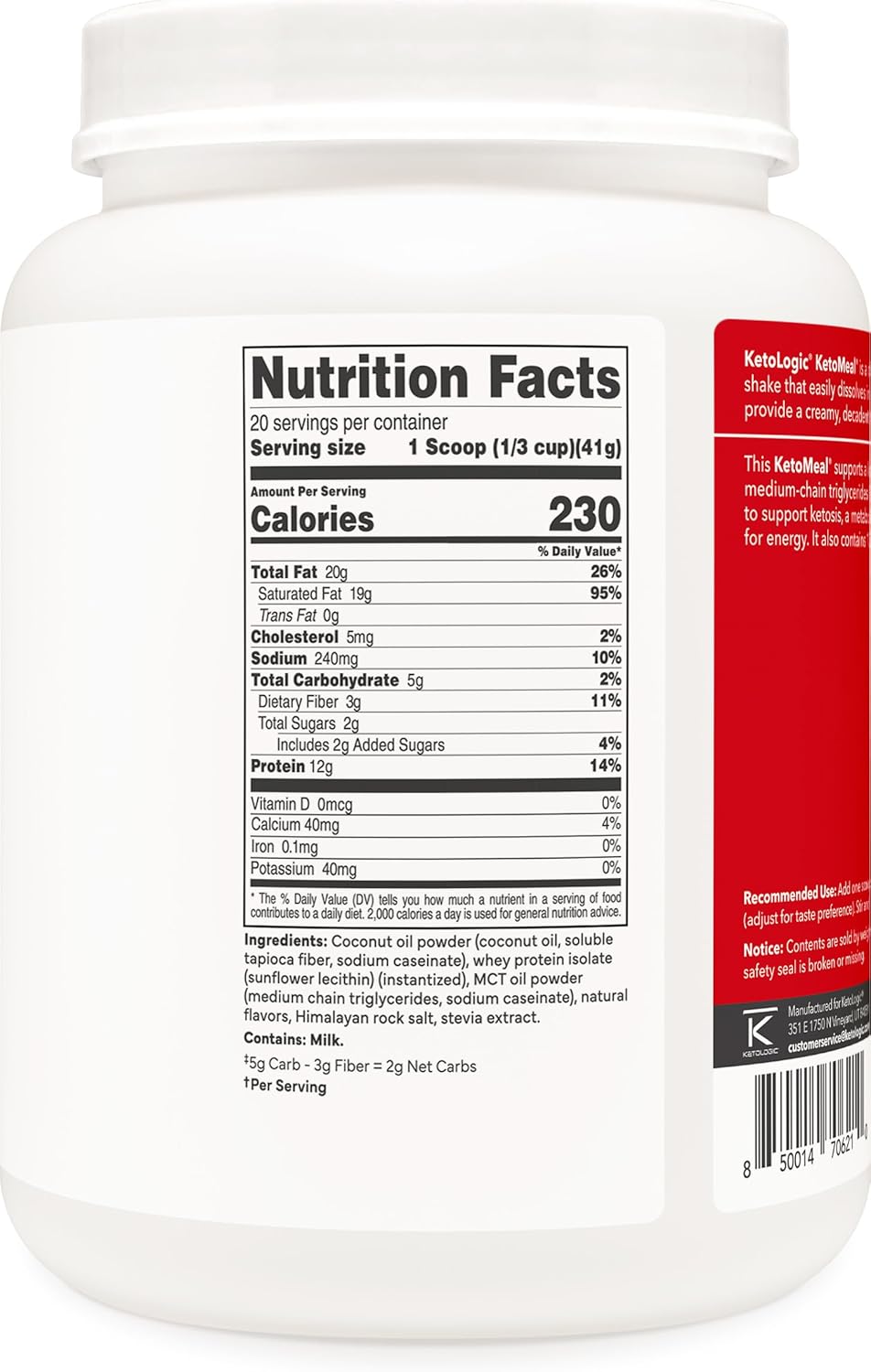 Ketologic Keto Meal Replacement Shake Powder for Optimal Results + MCT Oil + Grass-Fed Whey - Perfectly Formulated Macros for Ketosis - 20 Servings - Vanilla