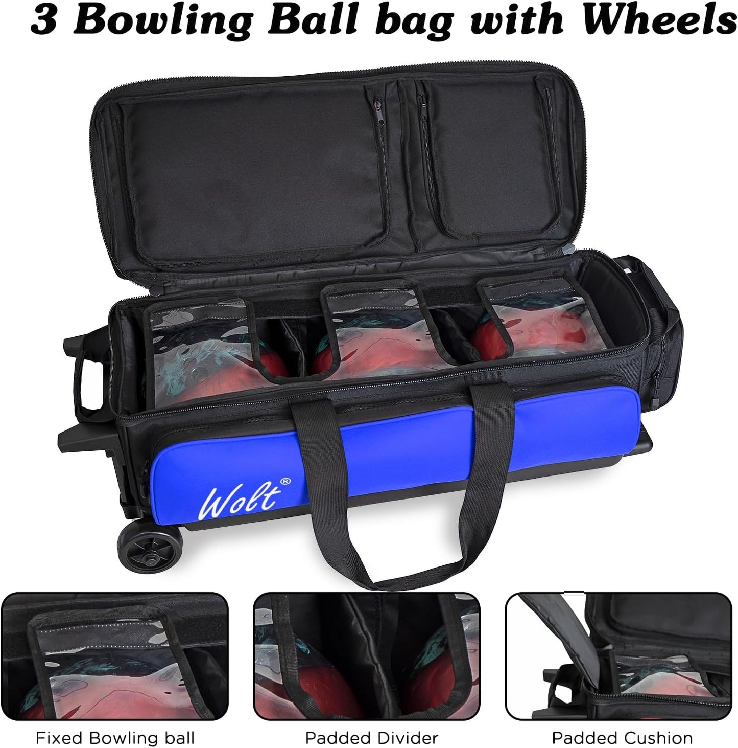 WOLT 3 Ball Bowling Bags with Wheels,Bowling Ball Bag 3 Ball Roller with Separate Shoe Compartment and Accessory Pocket, Retractable Handle Extends to 38’’