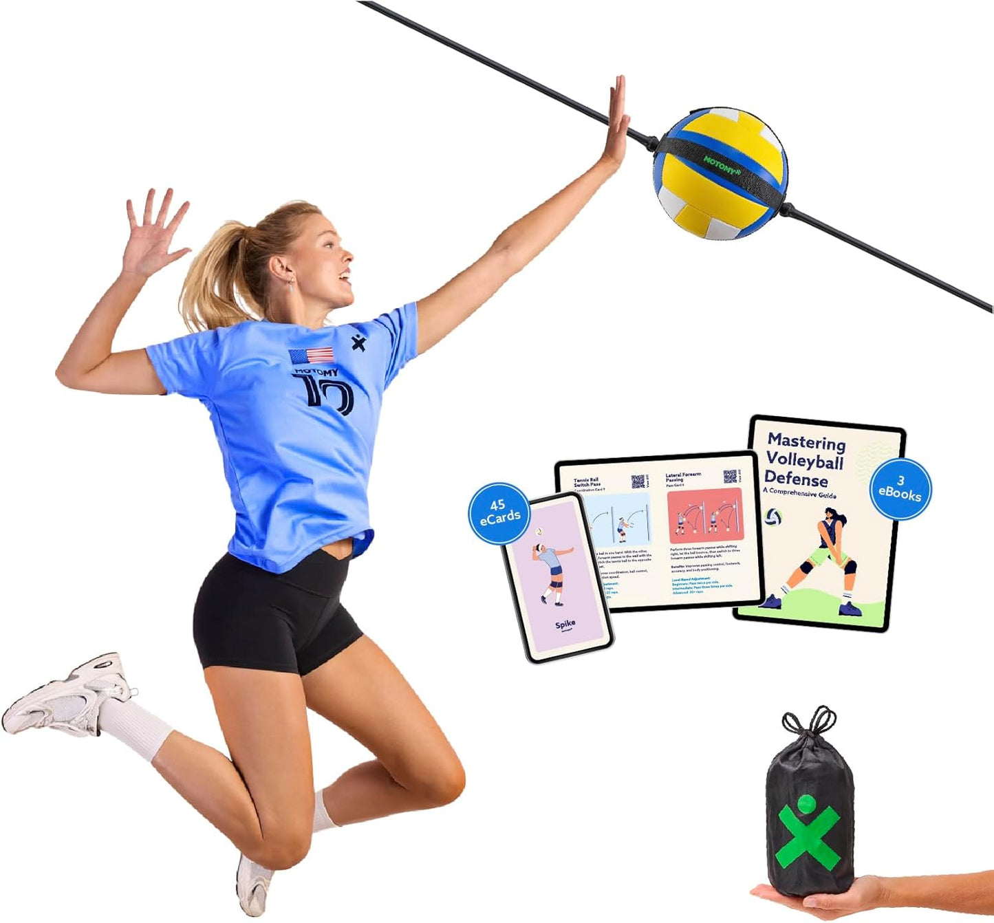 MOTOMY™ Volleyball Training Equipment Aid ‘VolleyPal’ – Solo Rebounder Trainer for Serve, Spike, Set & Pass; Indoor and Outdoor Practice Gear Gifts for Beginners & Experts