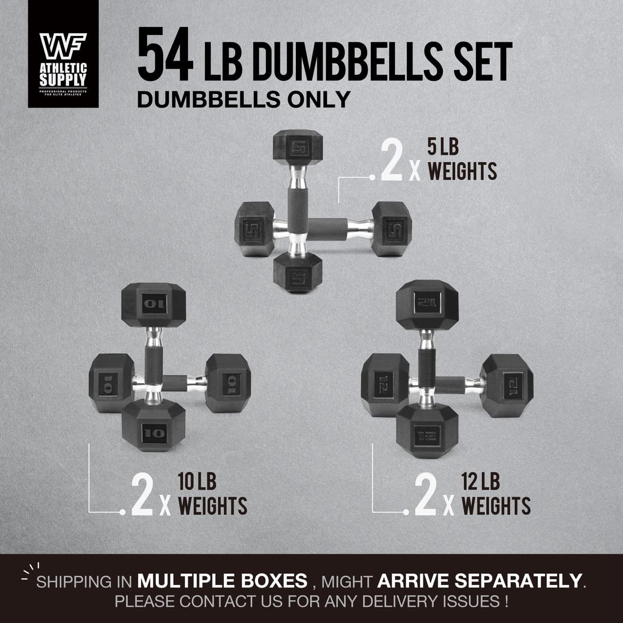 WF Athletic Supply Rubber Encased Hex Dumbbells with Rubber Grip Contoured Handle for Muscle Toning, Strength Building & Full Body Workout
